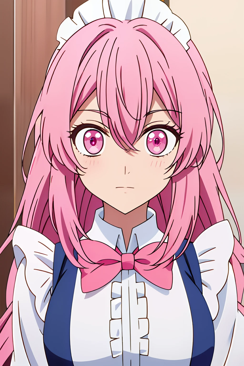 anime girl with pink hair and maid uniform, high school dxd, wearing fluent short clothes, pink eyes, ((zerator)), [[[[evil grin]]]], long bubblegum hair, , ultra detailed, best quality, expressive eyes, perfect face, ultra hight quality, ultra detail, hight quality, best quality