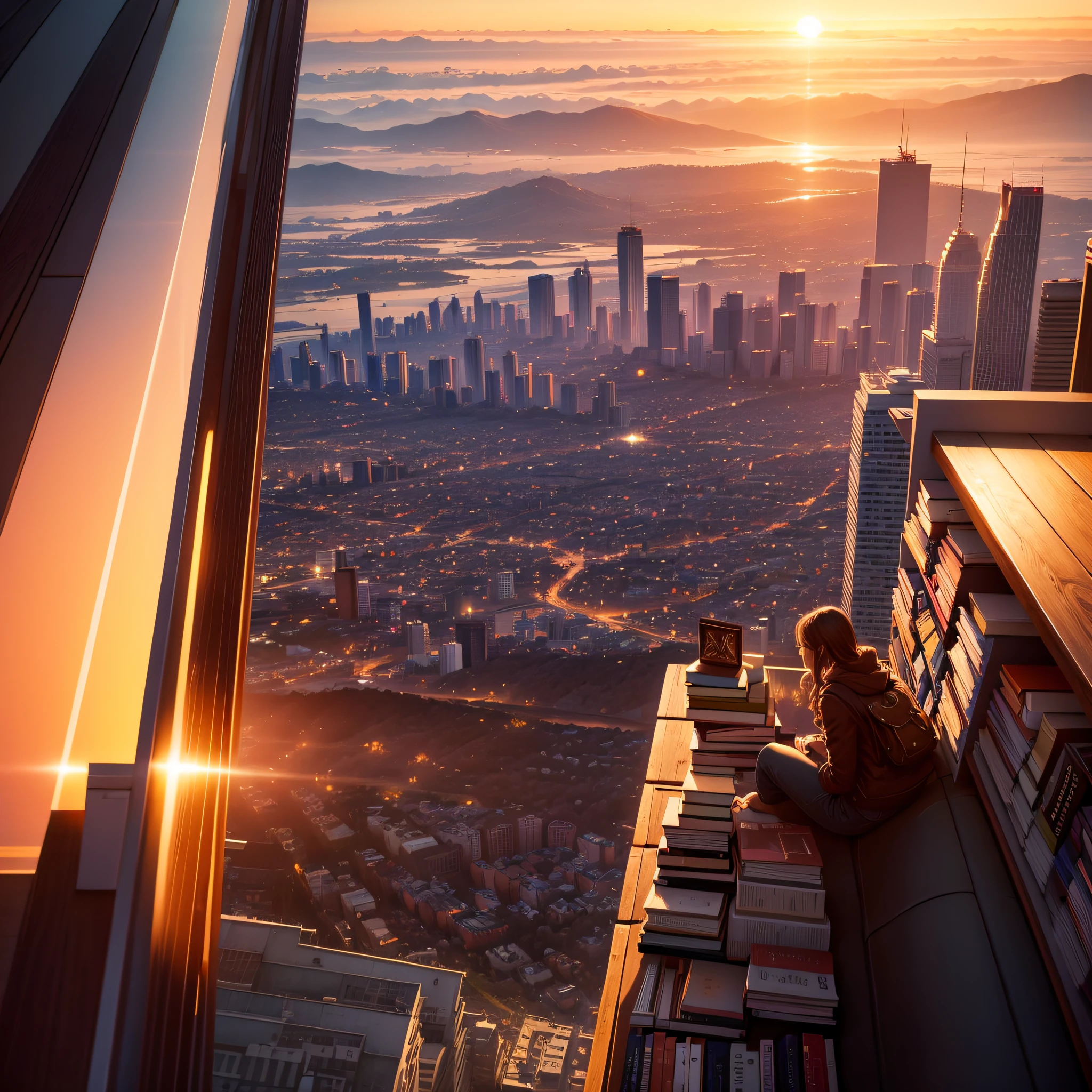 Sunset Scenic Overlooks: Libraries or bookstores with views of stunning sunsets over a city or landscape.