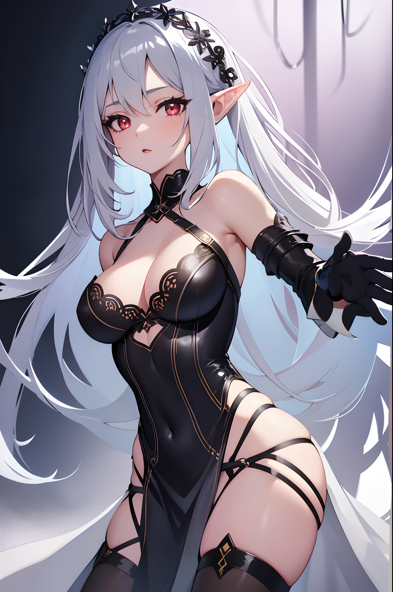 1girl, anime, cute girl, elf, blank background, white background, fantasy, detailed dark fantasy dress with highlights, beautiful face, beautiful eyes, dark colors, medium breasts, slight cleavage, beautiful skin, cute, silver hair, red eyes, breast curtains, extremely delicate and beautiful, (beautiful detailed face:1.0), (detailed deep eyes), symmetrical breasts, deep eyes, shiny skin, portrait, slender waist, hips wider than shoulders, thighs, young girl