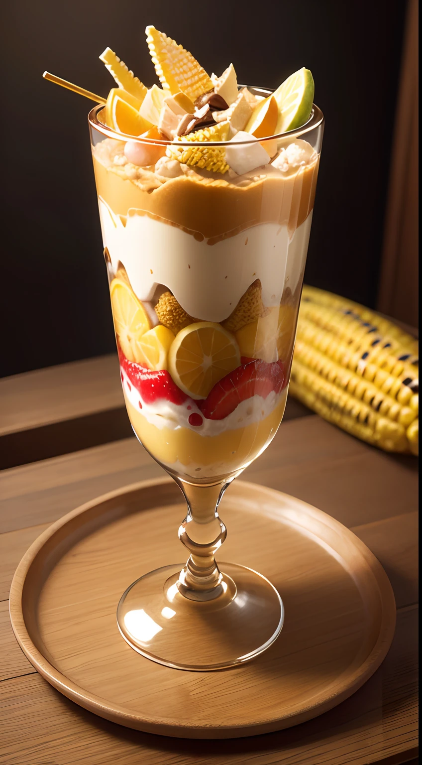 masterpiece、top-quality、top-quality、(Close-up of a fruit-filled Japan parfait in a slender golden parfait glass)、ighly detailed、colourfull、highestdetailed、corn flakes、banana in、Wafers、Scoop、mikan、chocolate