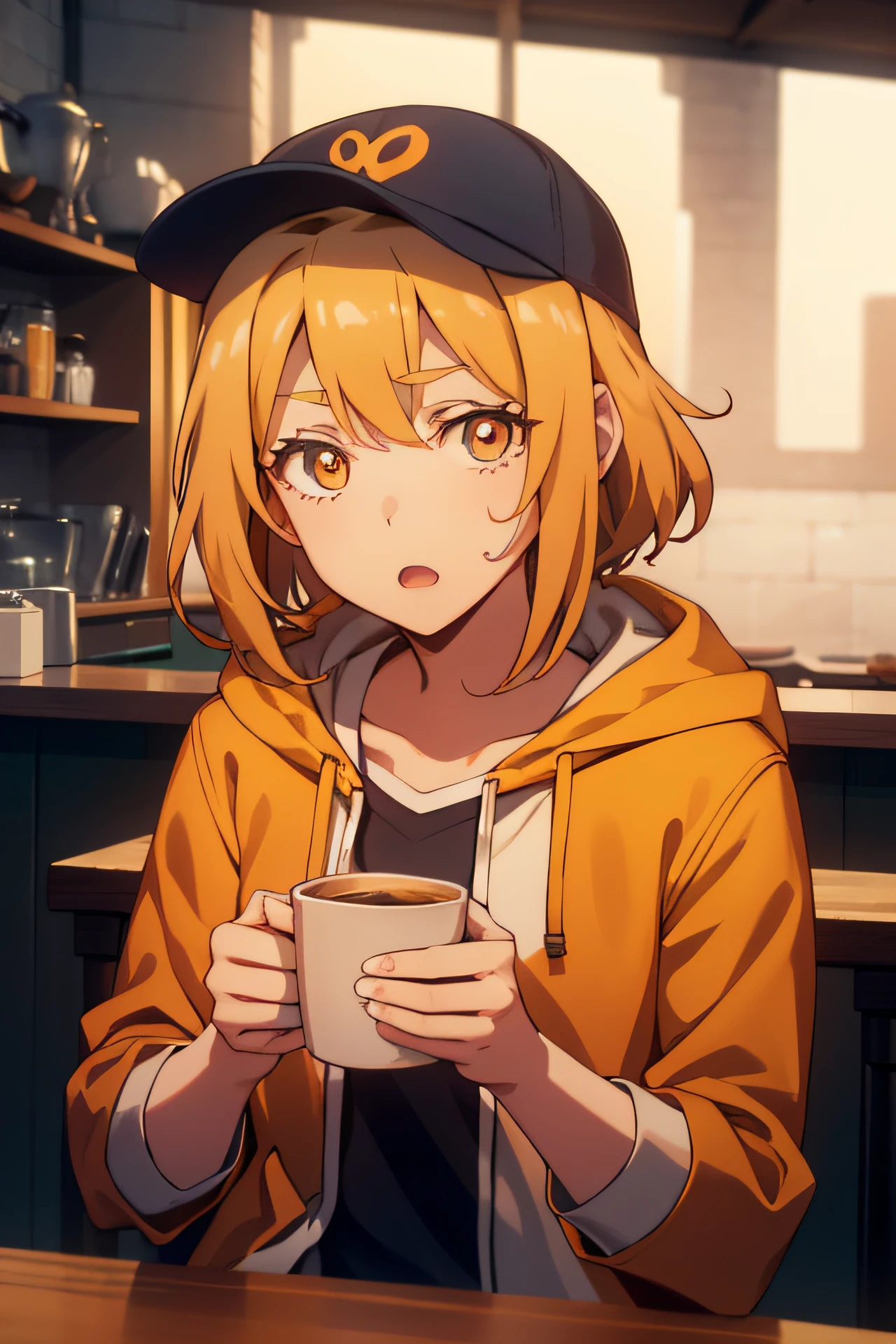 Memphis,1girl, big eyes,solo, jacket, upper body, hat, holding, Orange hair, open jacket, drinking straw, open clothes, Short hair, white jacket, coffee, orange eyes, looking at viewer, shirt, baseball cap, holding cup, hood, hooded jacket, hair between eyes, blush, white shirt, bangs, heart, cute and adorable cartoon, sitting in coffee shop,