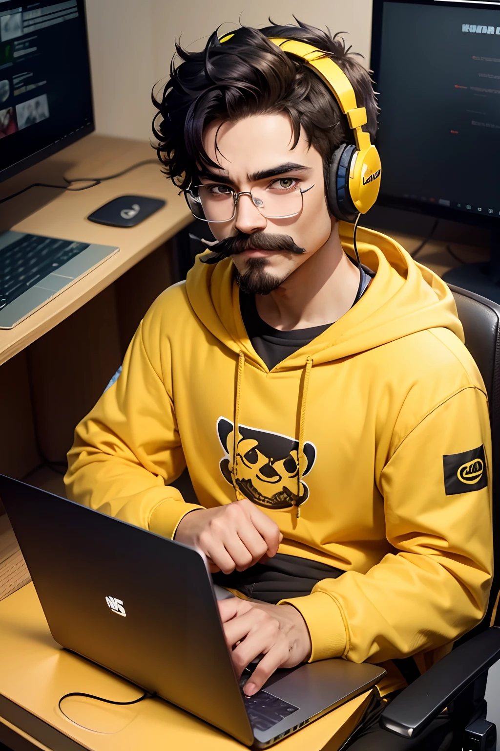 a boy gamer wearing yellow hoodie, headset, infront of mic, facing on camera, sitting on gaming chair, add bread and mustache, (like photo taken back view of laptop), that gamer need to facing on camera, like he is explaing in a live video, add smile in his face