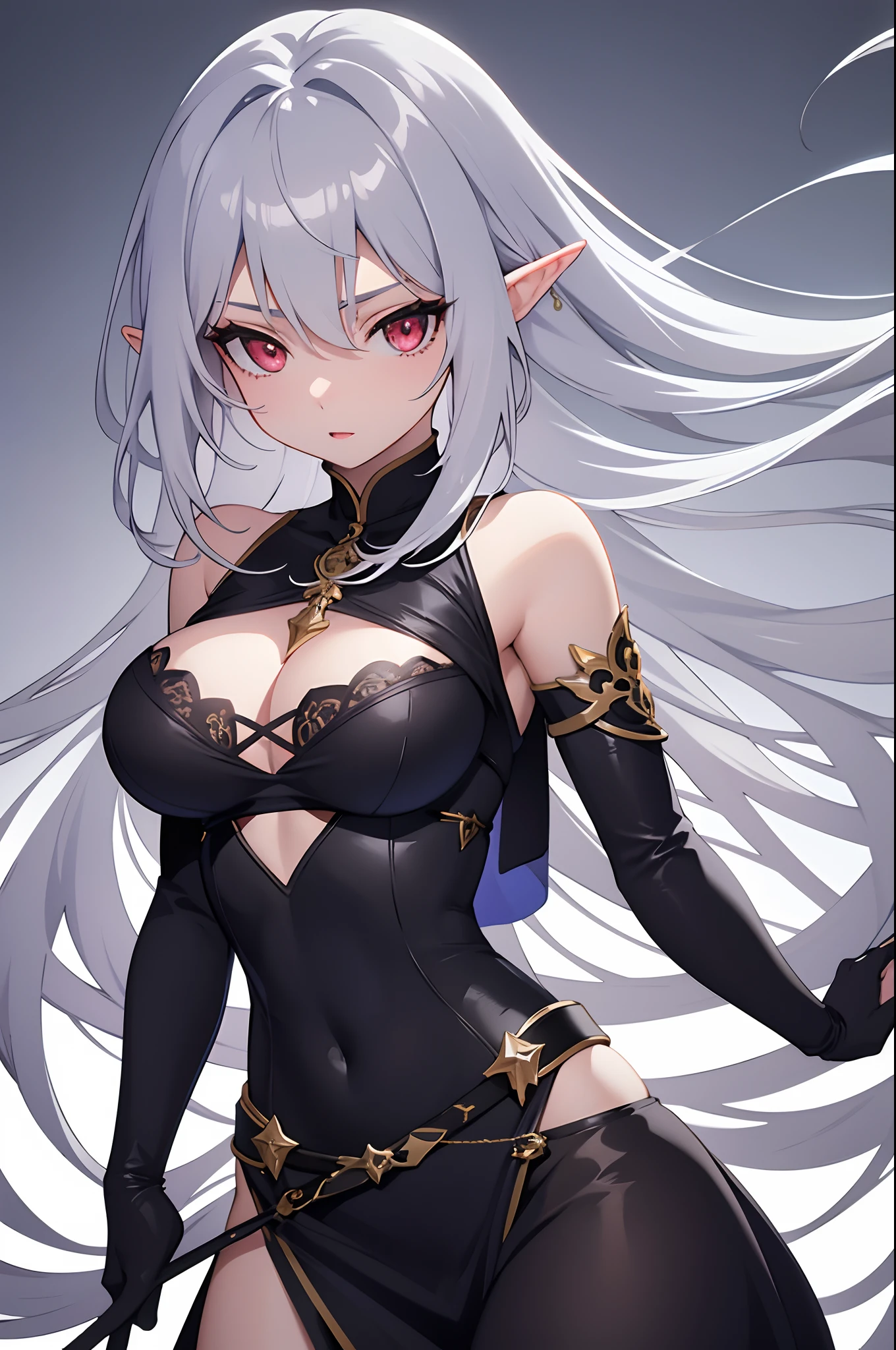 1girl, anime, cute girl, elf, blank background, white background, fantasy, detailed dark fantasy dress with highlights, beautiful face, beautiful eyes, dark colors, medium breasts, slight cleavage, beautiful skin, cute, silver hair, red eyes, breast curtains, extremely delicate and beautiful, (beautiful detailed face:1.0), (detailed deep eyes), symmetrical breasts, deep eyes, shiny skin, portrait, slender waist, hips wider than shoulders, thighs, young girl