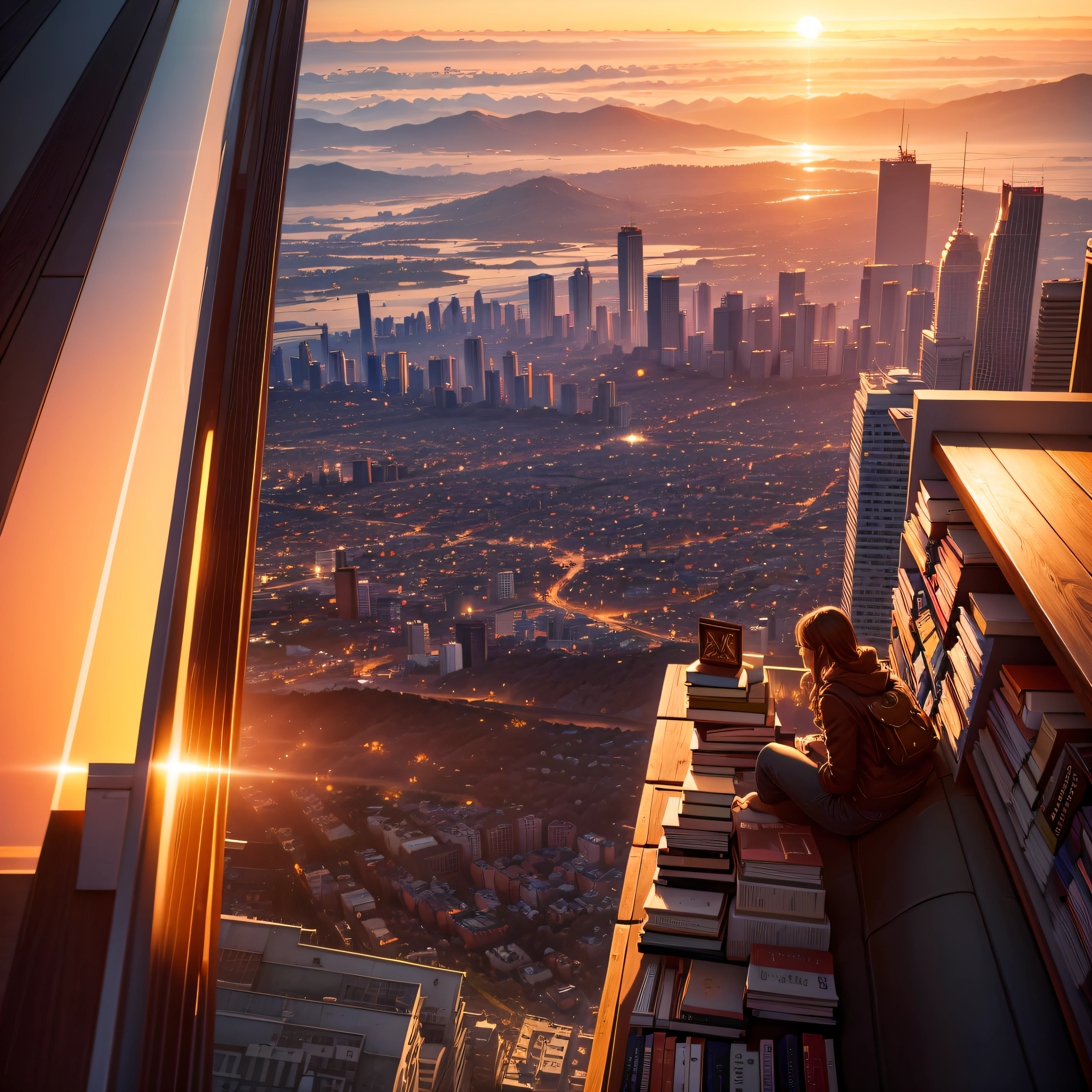 Sunset Scenic Overlooks: Libraries or bookstores with views of stunning sunsets over a city or landscape.