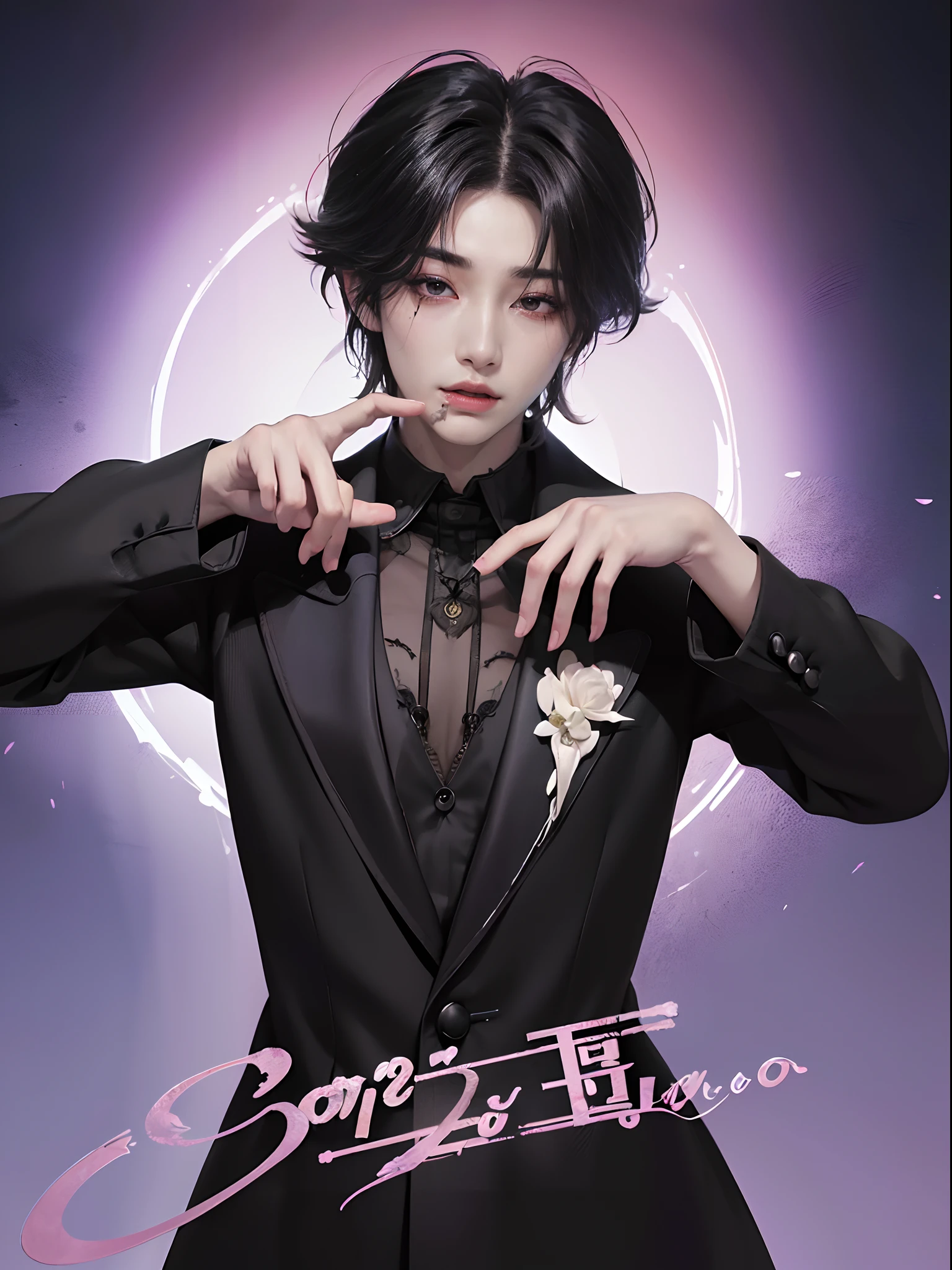 ((4K works))、masterpiece、(top-quality)、((high-level image quality))、((One Manly Boy))、Slim body、((Black villain Prince Tuxedo))、((Black Y-shirt))、(Detailed beautiful eyes)、((Model Magazines))、Face similar to Chaewon in Ruseraphim、((short hair above the ears))、((Smaller face))、((Neutral face))、((Bright red eyes))、((Korean boy))、((18year old))、((Handsome man))、((A charming expression))、((Korean Makeup))、((Villain Makeup))、((elongated and sharp eyes))、((Focus zoom out))、((Villain Pictures))、Professional Photos、((Shot alone))、((Upper body photography))、((Villain))、Unleash the villain's aura、
