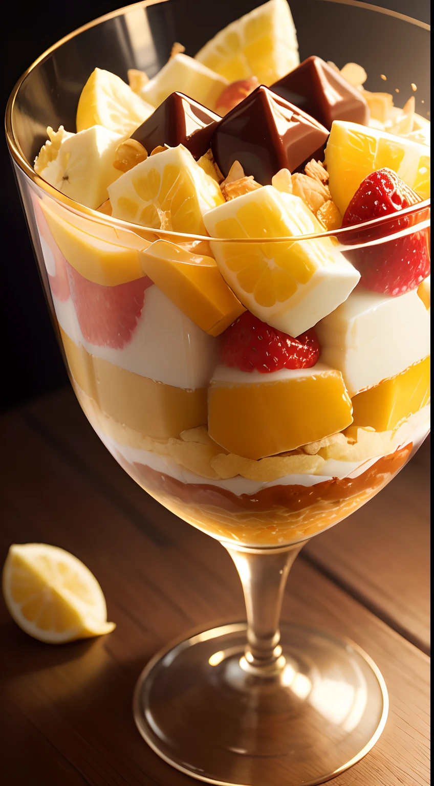 masterpiece、top-quality、top-quality、(Close-up of a fruit-filled Japan parfait in a slender golden parfait glass)、ighly detailed、colourfull、highestdetailed、corn flakes、banana in、Wafers、Scoop、mikan、chocolate