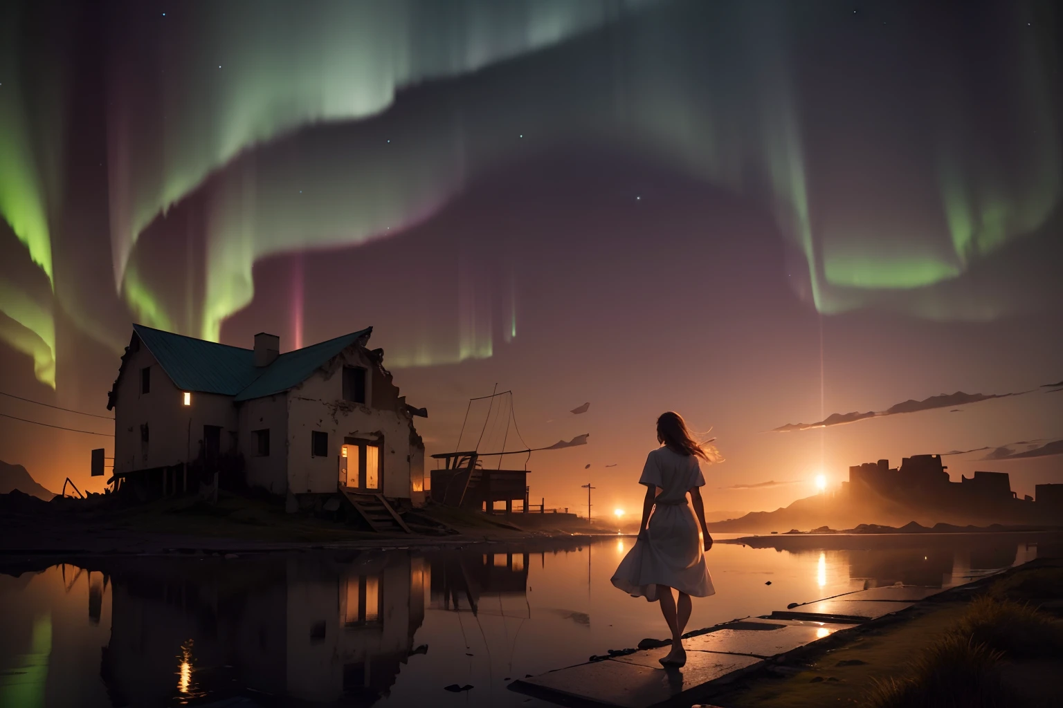 best quality, ultra-detailed, (photorealistic), 
an extremely delicate and beautiful, 
A castaway walks through a ruined town under the night sky where the aurora shines, 
depth of field, --auto