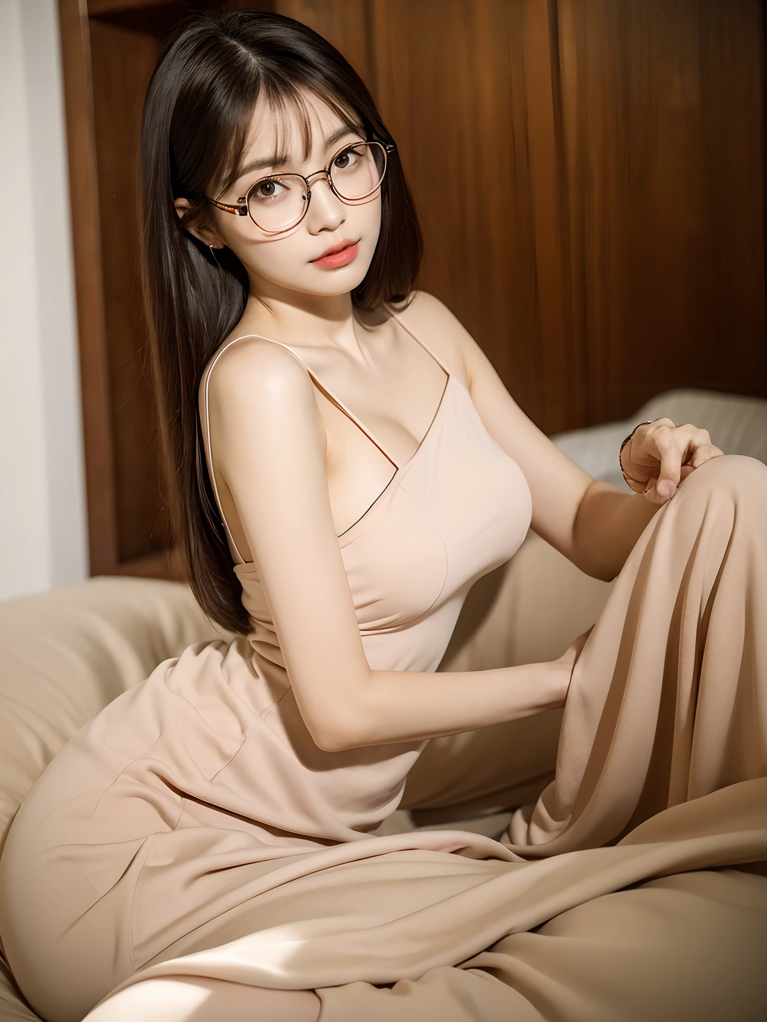 8k、High resolution、Beautiful woman of primitive times、young、white skin,、narrow eyes,high nose,lighting that illuminates the face、clear image、intellectual beauty、skinny、no makeup、The expression you show to your lover,shining hair、single eyelid,、vivid pose、looking at camera、relax on vacation、wearing a glasses ,full body