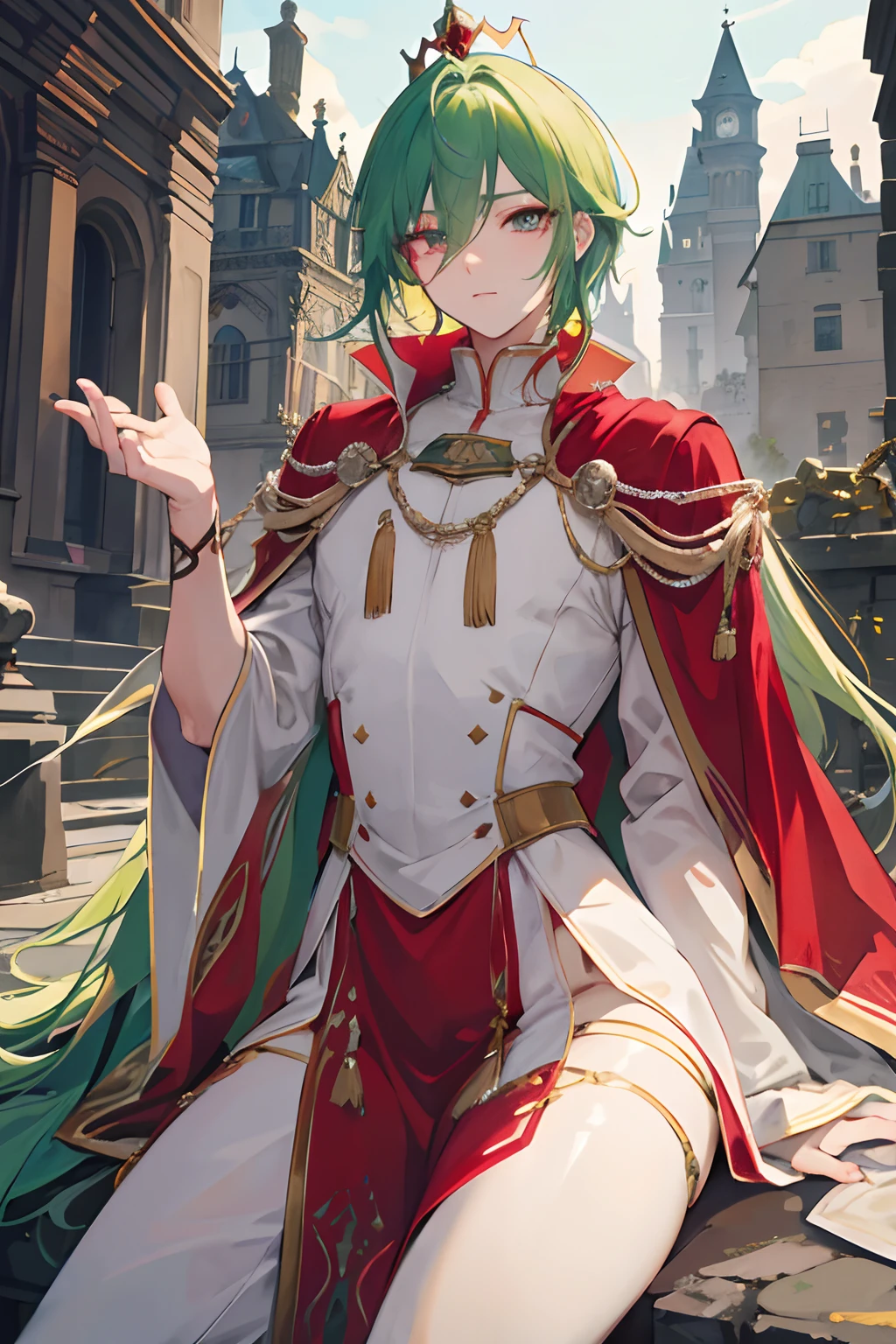 tmasterpiece，high high quality，Best quality at best，k hd，realisticlying，Perfect litthing，Detailed body，1 man，Long light green hair，，red color eyes，gentle expressions，With the king's crown，Dressed in gorgeous medieval aristocratic costumes，In the background is a medieval castle，epic sense