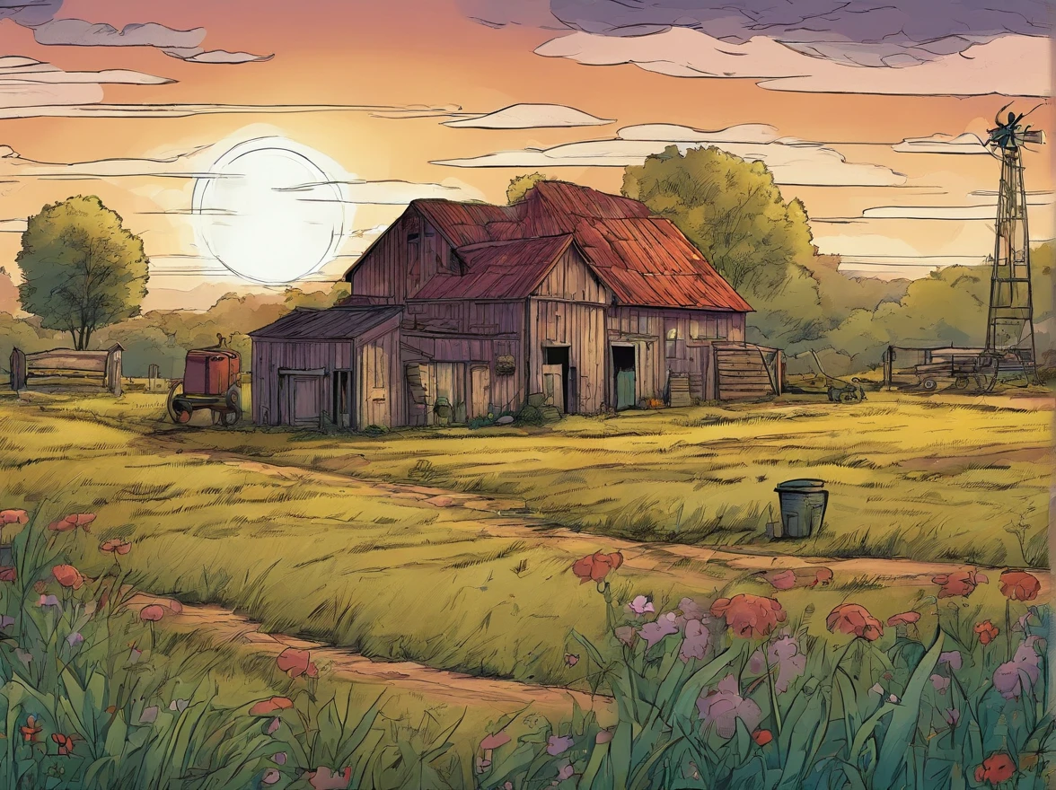 The yard of the dilapidated farmer in the evening