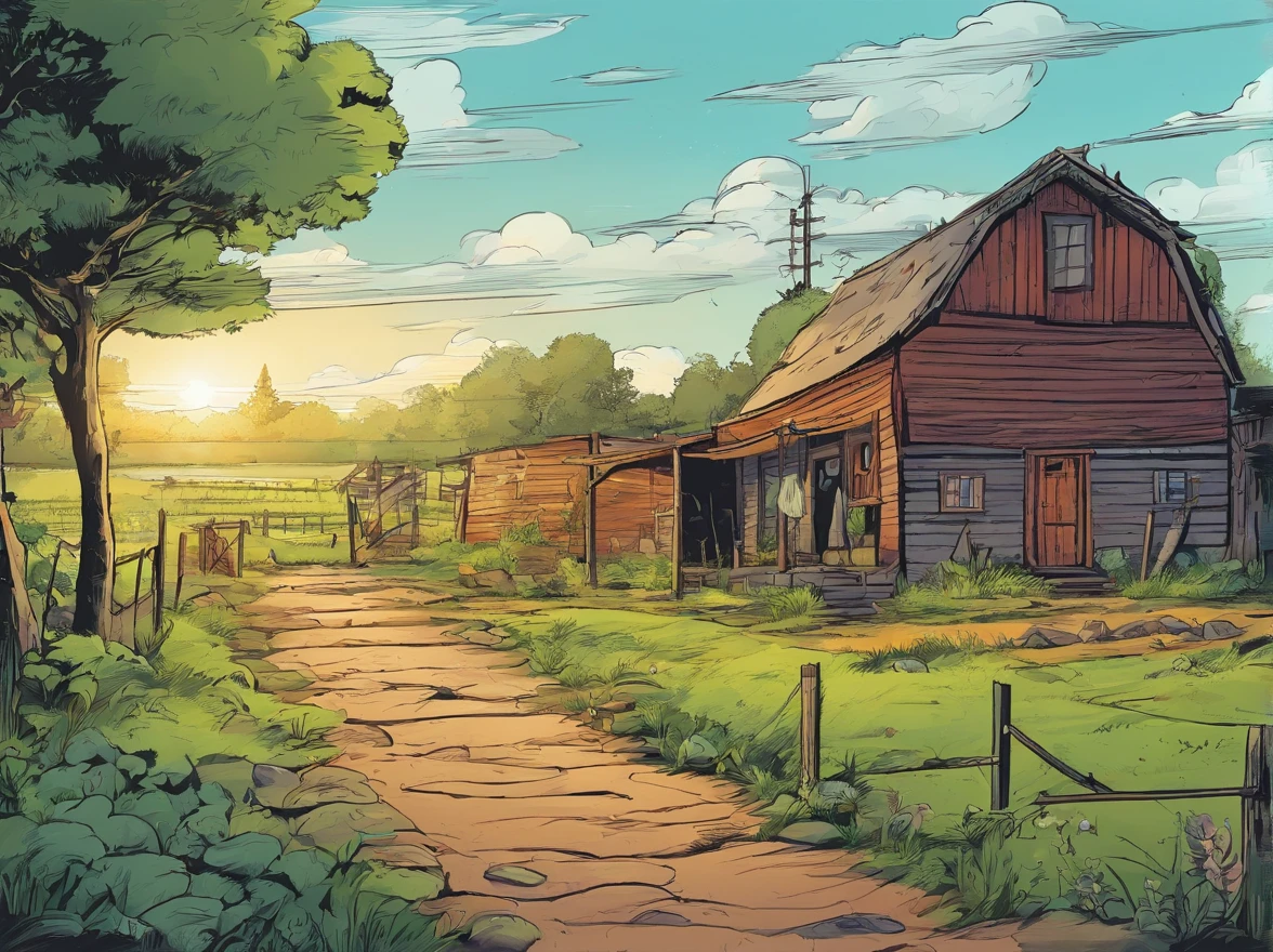 A painting of a farm with a barn and a path - SeaArt AI