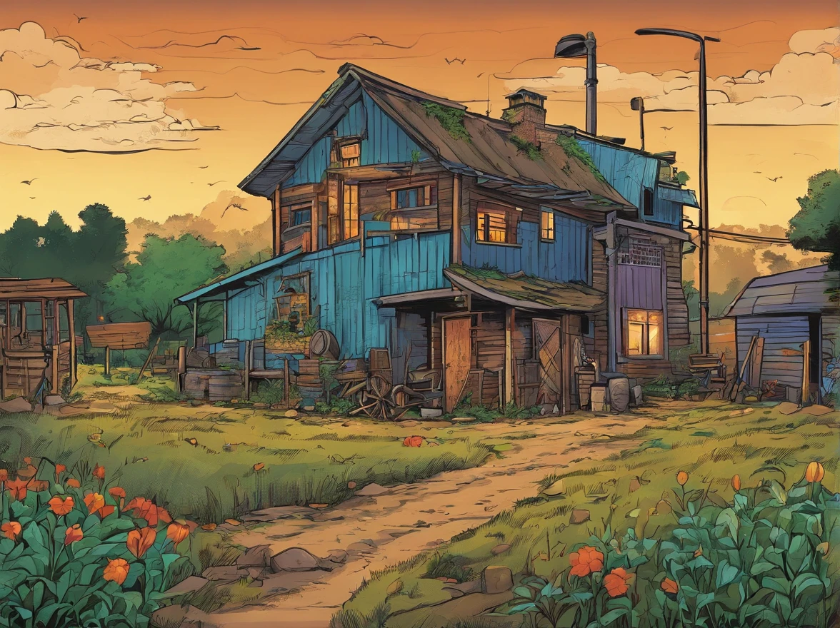 The yard of the dilapidated farmer in the evening