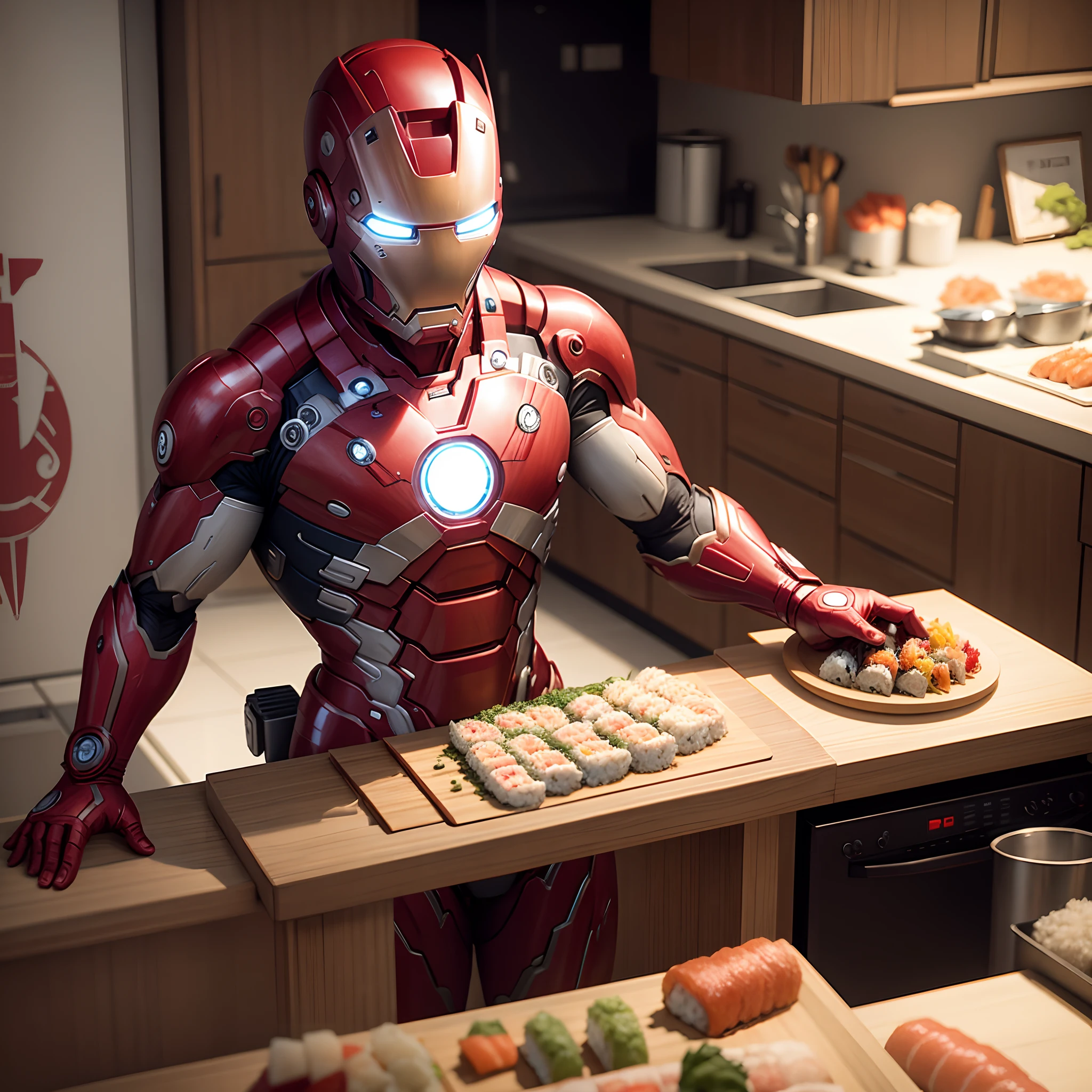 Ironman wearing full suit of ironman cooking sushi in the kitchen  , micro detail, illustration