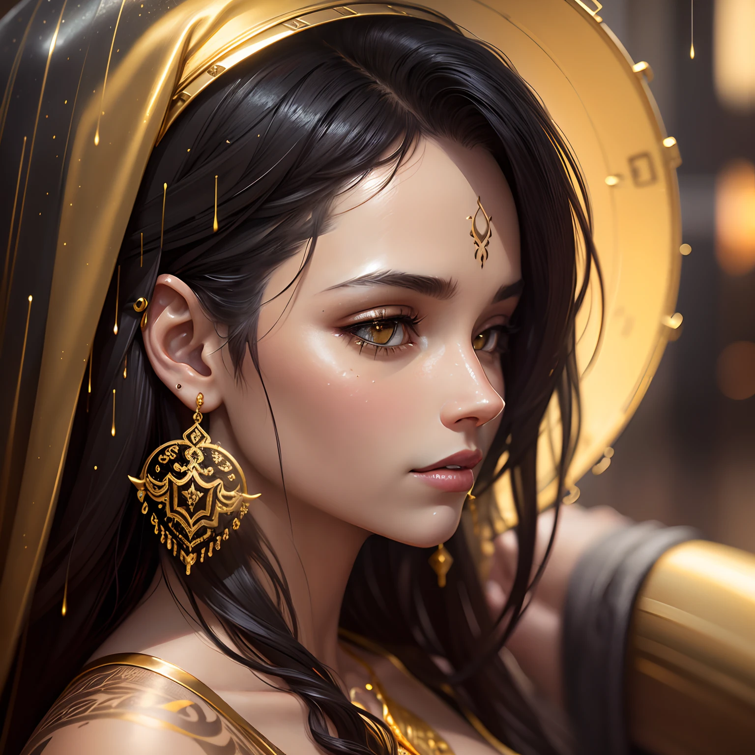 Gold tattoo with golden earrings and girl in the rain, In the style of vray tracing, Martin Ansin, yuumei, Poured, close up, Dark white and gold, speedpainting, masutepiece, Best Quality,