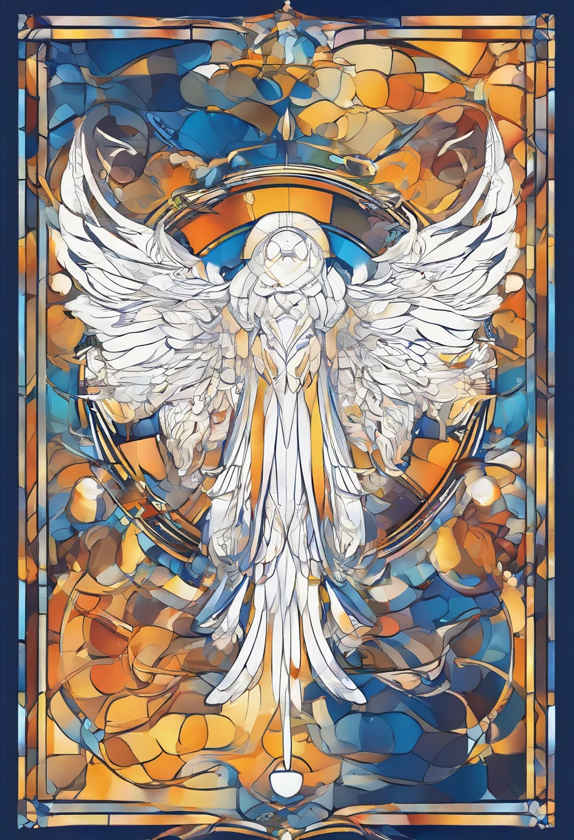 A completely white figure with wings and glowing eyes, stained glass, halo, abstract, mural, festival clouds, lanterns, gold and dark blue tones, Abstract picture, surrealism, Clear background trends, clear contour light, Edge light, fantasy, Dappled light, Flat illustration,Disney style, 8K, --AR 9:16 --q 2 --niji 5