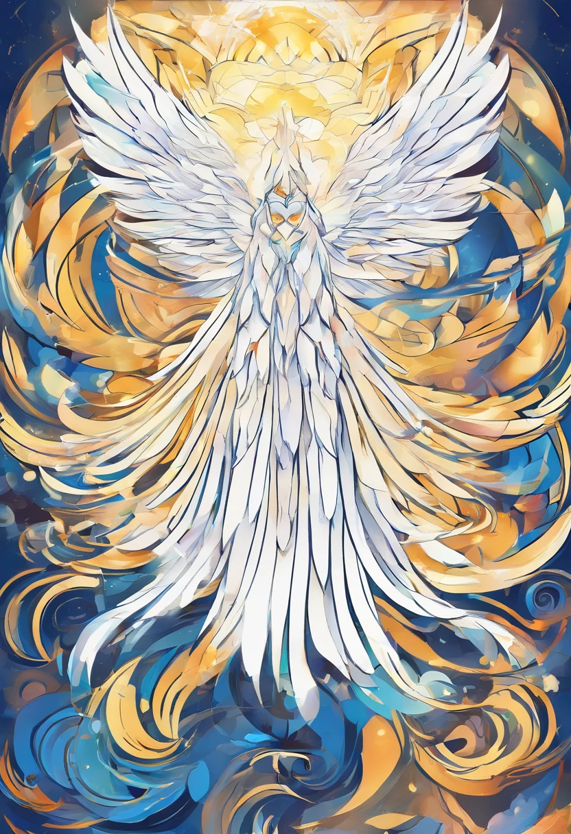 A completely white figure with wings and glowing eyes, stained glass, halo, abstract, mural, festival clouds,  lanterns, gold and dark blue tones, Abstract picture, surrealism, Clear background trends, clear contour light, Edge light, fantasy, Dappled light, Flat illustration,Disney style, 8K, --AR 9:16 --q 2 --niji 5