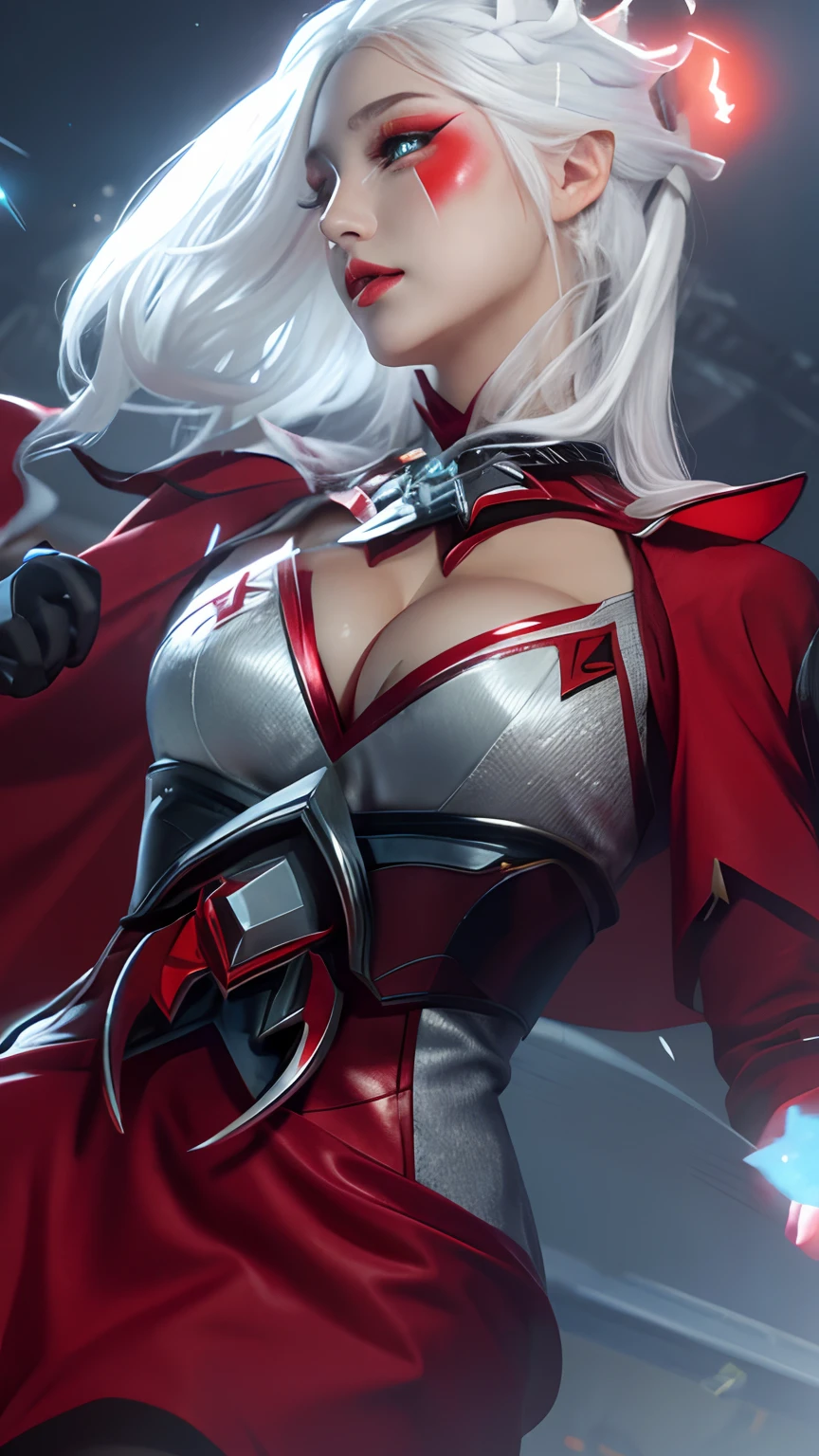 Ultra HD, detailed face, calm, 1 lady , assasin, white hair , red dress, huge breasts, neon sparkle