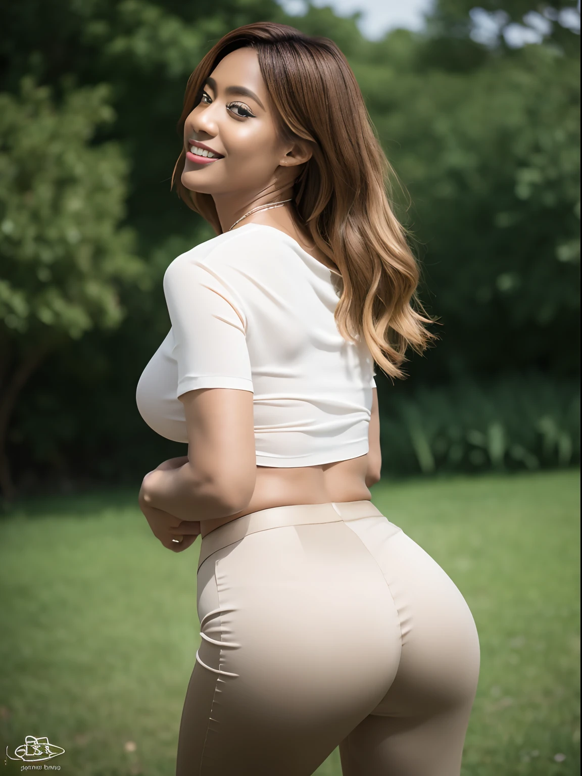 nsfw, 8K raw photo, Best quality, masterpiece, ultra high res, film grain, filmg, 1girl, looking at viewer, natural skin texture, realistic eye and face details, full lips, lipstick, (makeup), red eyeshadow, ponytail hair, messy hair, smile, close mouth, skinny, thick_thigh, solo, enormous breast, cleavage, Pose with buttocks facing camera, flowing wide pants,long satin pant, accentuated ass, shirt, beautiful nature location, around flower location, (detailed background), satin skirt, white shirt, enormous breast, cleavage, Show a little cleavage through the shirt, loafers, blurry background, blurry, holding, plaid, short sleeves, jk ribbon on the neck, jk ribbon, brown hair, bracelet, water, bangs, jewelry, grey, parted lips, lips, from side, pencil skirt, depth of field,flowing grey satin long pant, flowing pant, ((wide hips, thick thigh, protruding ass)), stunning hourglass figure, satin, accentuated ass