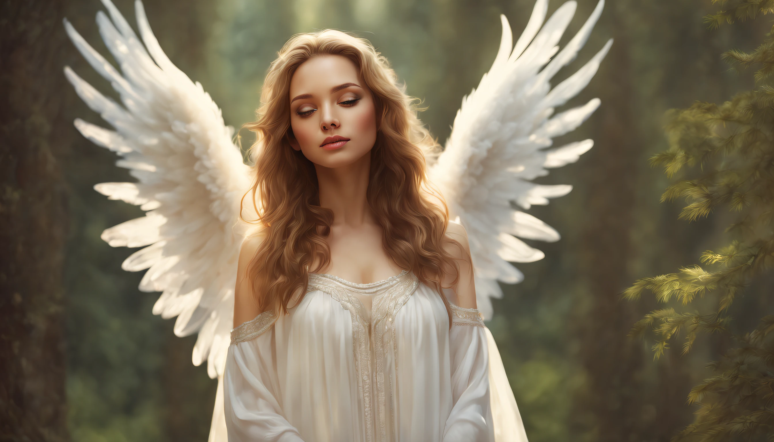 (best quality,4k,8k,highres,masterpiece:1.2), ((looking at camera)), ultra-detailed,(realistic,photorealistic,photo-realistic:1.37),portraits,angel with wings,vivid colors,soft lighting,surreal,ethereal,holy light,hopeful expression,flowing white robes,feathery wings,celestial aura,divine beauty,gentle smile,graceful stance,peaceful background,heavenly glow,subtle halo,floating in the air,heavenly atmosphere,transcendent,serene ambiance,glowing eyes