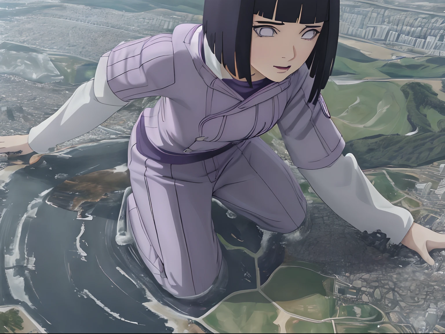 Masutepiece, La mejor calidad, colores vibrantes, ((Madre enorme)), ((Altura 30m:1.2)),Hinata Hyuga,Tallgts,Gigante,,Aspecto hermoso,maquillaje delicado,perfect ilumination,cinematic quality,8k,alta calidad,(GTScity:1.5),GTS,aerial view,Rampage,Escalonamiento, perfect composition, labios detallados, pecho grande, Cara hermosa, body propotion, sonrojarse, (labios rosados), Cabello largo, purple eyes, mirada suave, super-realistic, detallado, , Rostro y cuerpo realistas, escote,obra maestra, absurdos, Hinata \ (Boruto \), 1girl, solamente, hembra madura, Sudadera con capucha morada, mangas en capas, pantalones marrones, , Perfectcomposition,, pecho grande, mirando hacia arriba