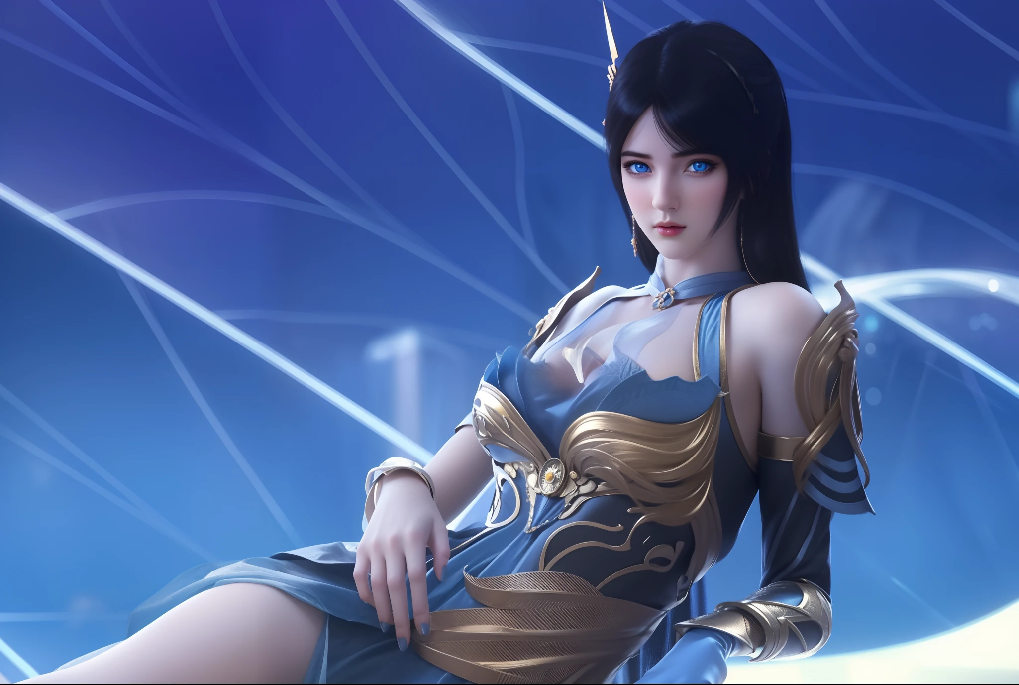 (hyperrealistic), (illustration), (high resolution), (8K), (extremely detailed), (best illustration), (beautiful detailed eyes), (best quality), (ultra-detailed), (masterpiece), (wallpaper), (photorealistic), (natural light), (rim lighting), (detailed face), (high detailed realistic skin texture), (anatomically correct), (solo), (1 girl), (high detailed realistic hair), (black hair:1.35), (heterochromic eyes), (detailed eyes), (blue eyes:1.37), (sparkling eyes), (realistic big breasts:1.5), (exposed  breasts:1.35), (long legs), (slender abs), (dynamic pose), (closed tiny mouth:1.3), nsfw, concentrated expression.