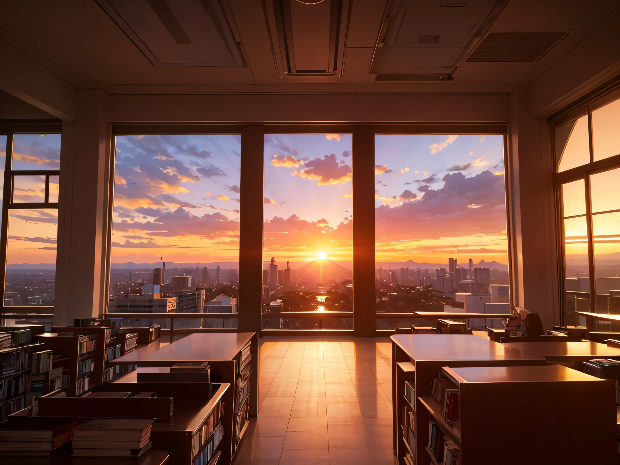 Sunset Scenic Overlooks: Libraries or bookstores with views of stunning sunsets over a city or landscape.