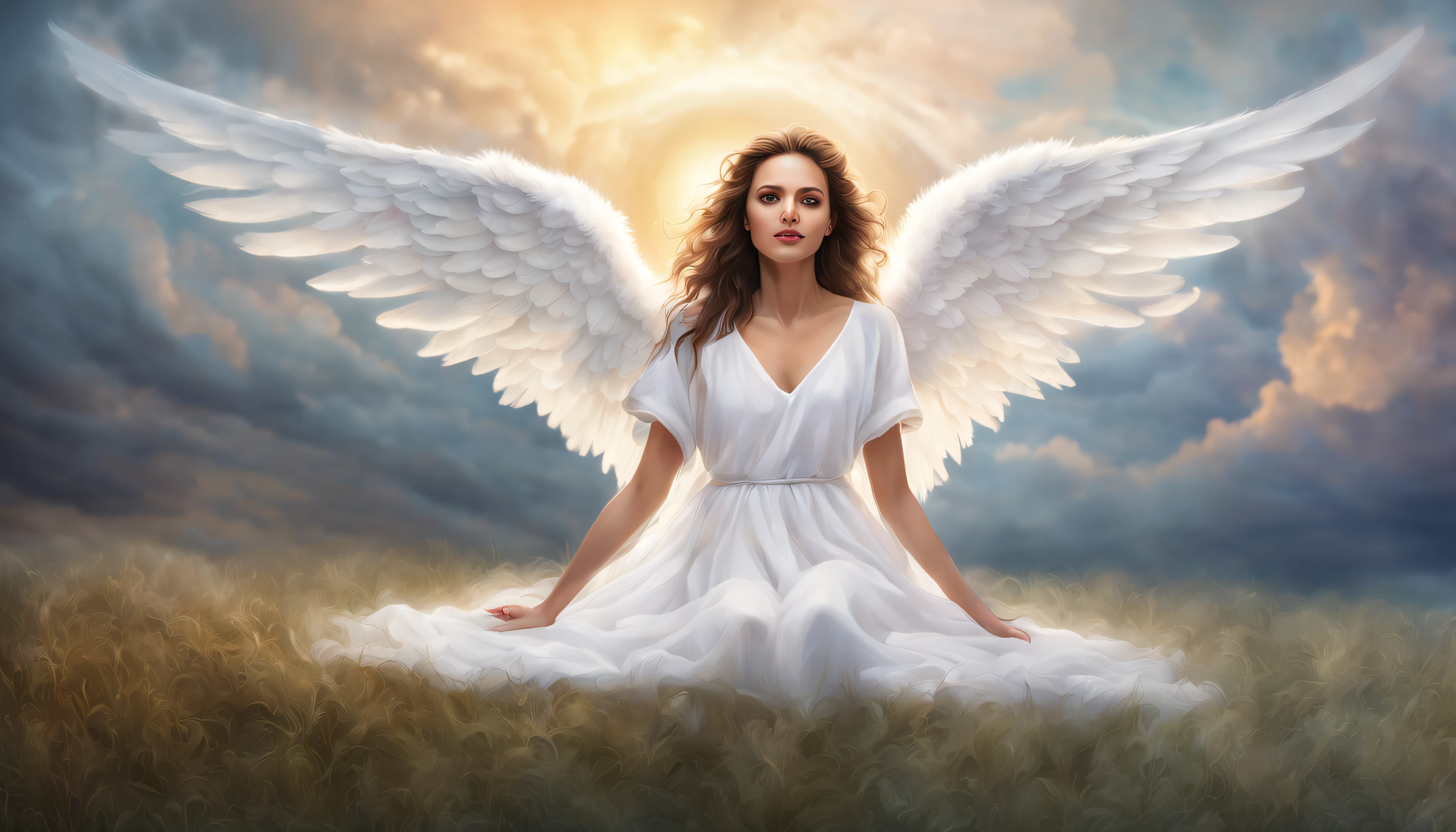 (best quality,4k,8k,highres,masterpiece:1.2), ((looking at camera)), ultra-detailed,(realistic,photorealistic,photo-realistic:1.37),portraits,angel with wings,vivid colors,soft lighting,surreal,ethereal,holy light,hopeful expression,flowing white robes,feathery wings,celestial aura,divine beauty,gentle smile,graceful stance,peaceful background,heavenly glow,subtle halo,floating in the air,heavenly atmosphere,transcendent,serene ambiance,glowing eyes