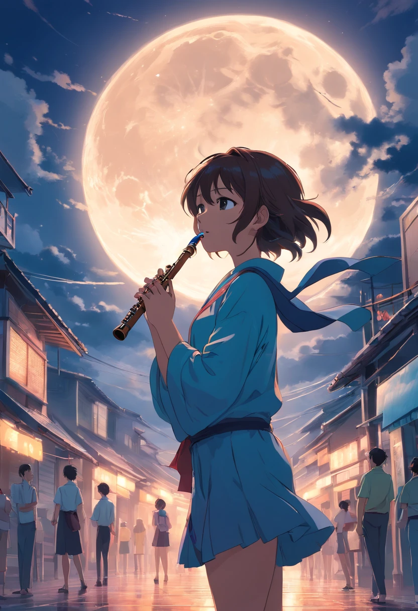 Huge full moon as a background, a girl holding a flute and face a hurricane