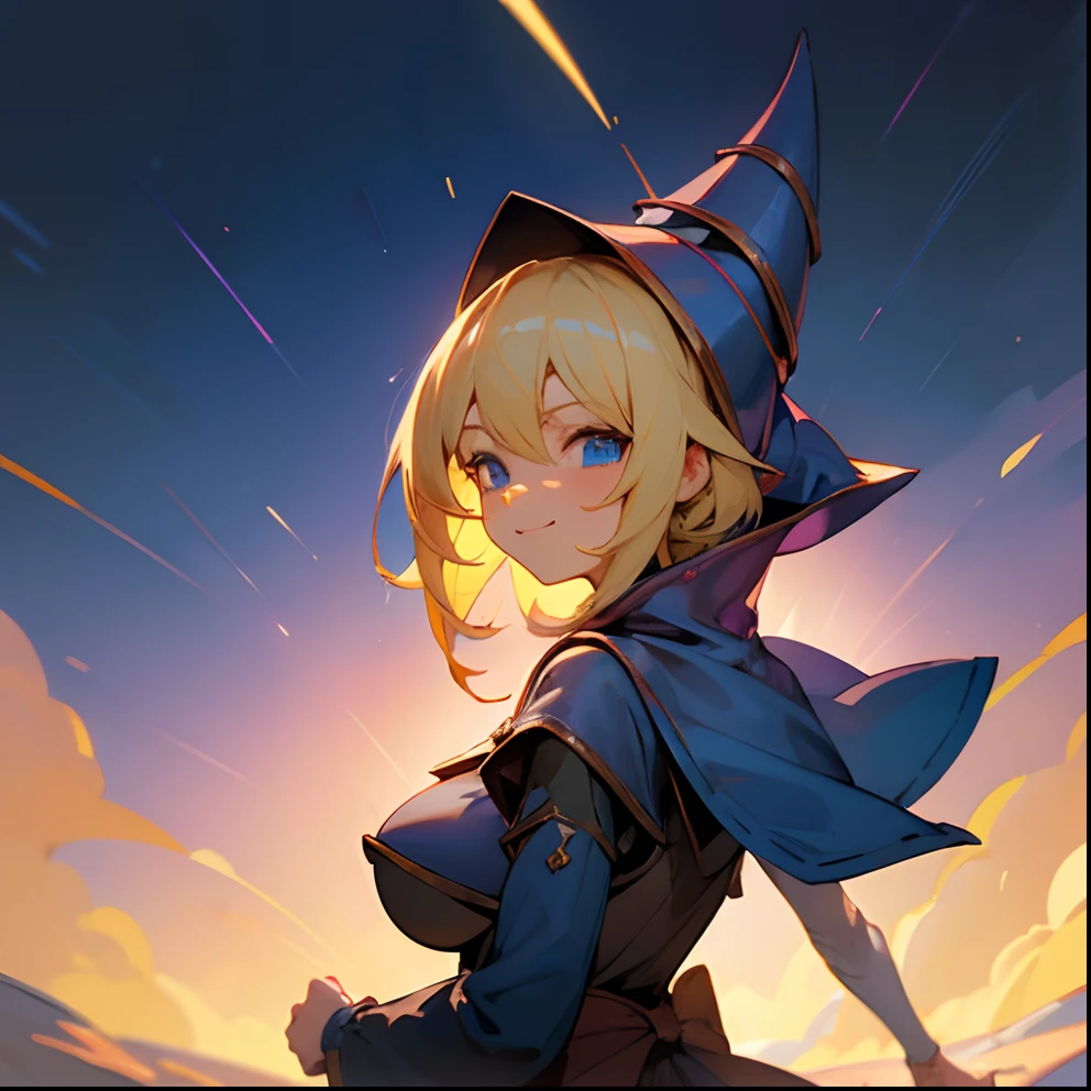 Dark Magician Girl、MKSKS style、Solo、(highly detailed back ground:1.0)、(highly detailed back ground:1.0)、masterpiece、top-quality、超A high resolution、in 8K、upper Shot、(1/2 Gold and 1 Gold/2 Light yellow hair)、BREAK、Detailed skin、glowy skin、A detailed eye、Blue eyes、Burning cheeks、Laughing、Large breasts、BREAK、medieval clothing:1.2、Detailed clothing、looking in camera、(reefs:1.2)