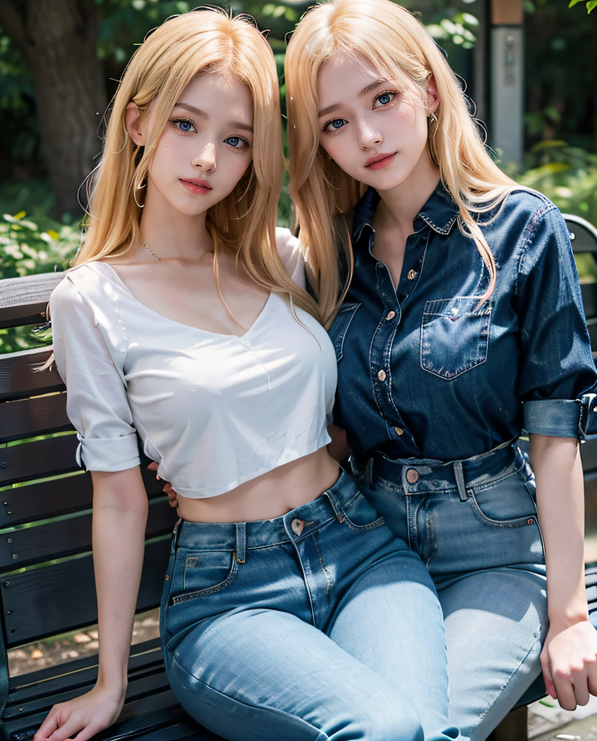 2girl, twins, Blue eyes, (smiling), (Sana Minatozaki), wide hips, Big Boobs, big ass, (Best Quality, 8k, Masterpiece: 1.3), perfect hands, Clear Focus: 1.2, Perfect Body Beauty: 1.4 , Slender Abs: 1.2, Highly detailed face and skin texture, detailed eyes, double eyelids, (blonde long hair), (low-cut blouse), (jeans), sitting on a bench, (with his twin sister :1.3), in a traditional neighborhood of Tokyo, deep on field