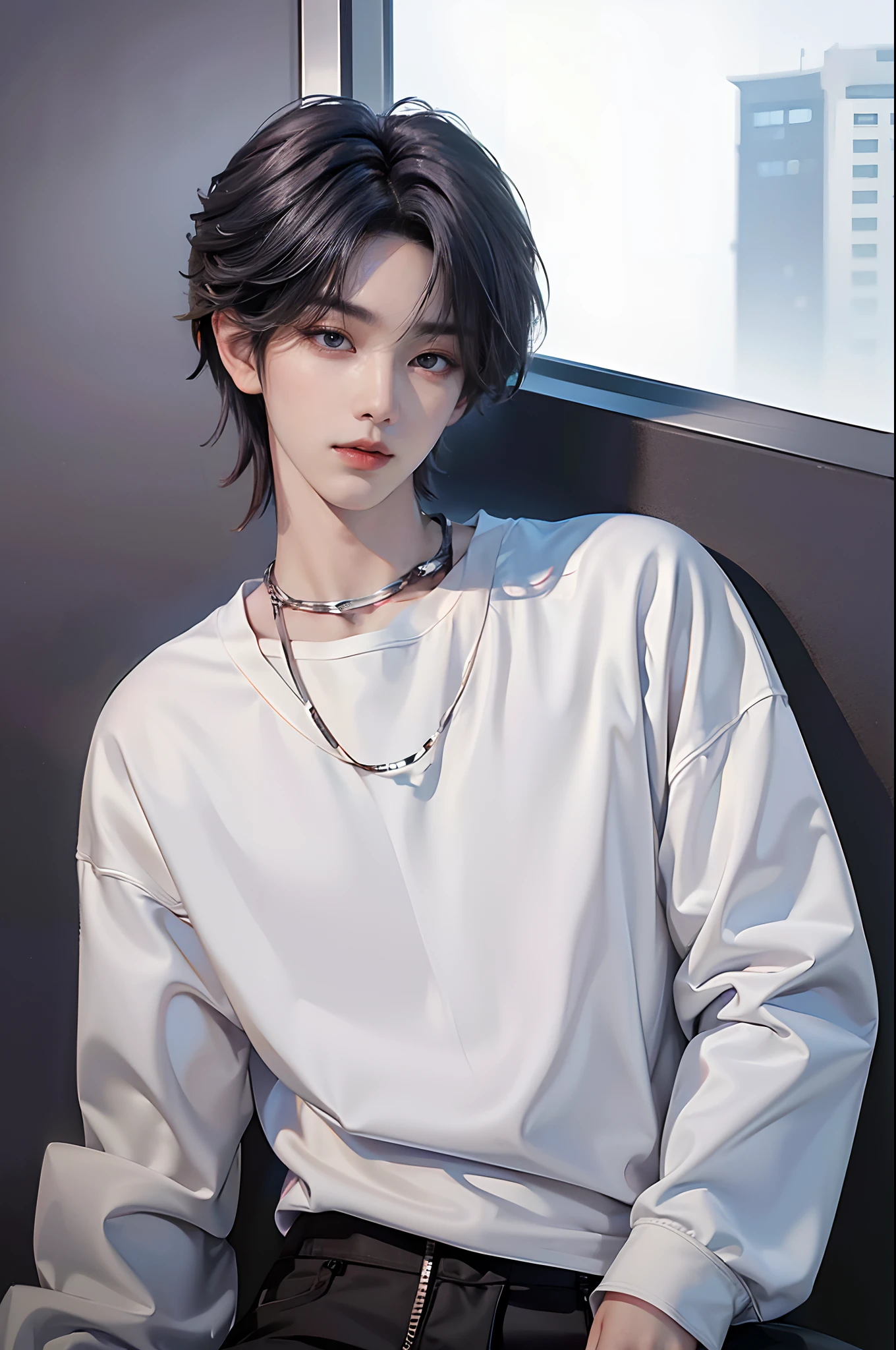 ​masterpiece、（top-quality)、((high-level image quality))、One Manly Boy、Slim body、((White Y-shirt and long black pants))、(Detailed beautiful eyes)、Stylish city background、sitting on a curb、Face similar to Chaewon in Ruseraphim、((short hair above the ears))、((Smaller face))、((Neutral face))、((Bright silver hair and bright red glowing eyes))、((Korean boy))、((18year old))、((Handsome man))、((Wild look))、((Korean Makeup))、((elongated and sharp eyes))、((Sit in front of the viewer))、((Photograph him from afar))