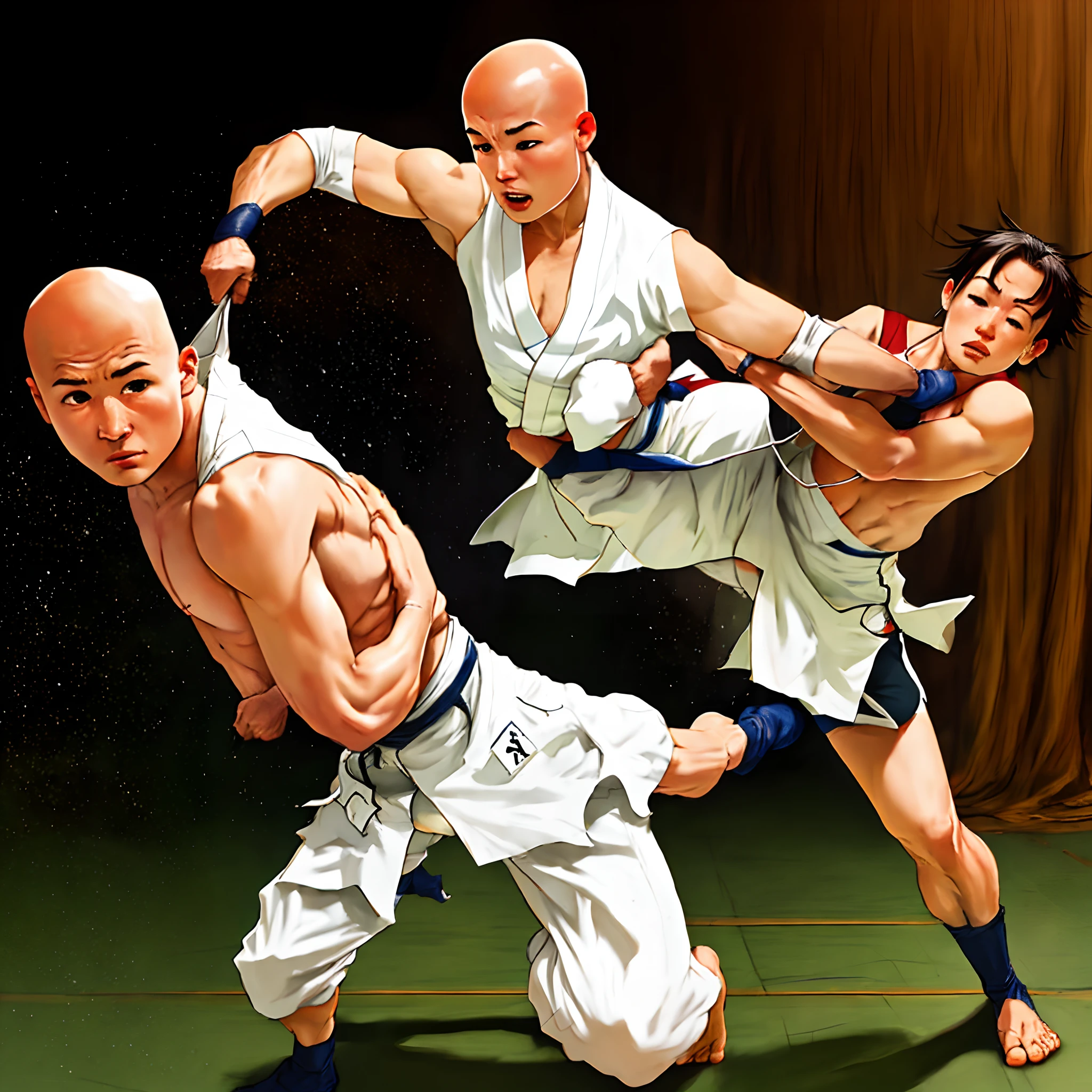 Shotokan in the kumite position with a white gi with one meter and sixty-nine centimeters with a bald head weighing 95 kilos