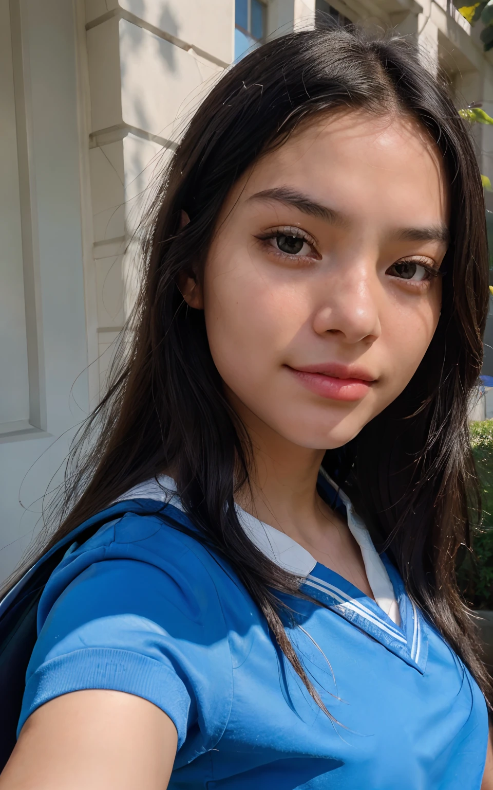 Very young female, half chinese, black hair, flawless white skin, long hair, photorealistic, best quality, hyper detailed, middle school student, beautiful woman, selfie photo, upper body, solo, wearing uniform, school (cheerful, happy), looking at viewer, skin texture, film grain, close up, ultra high res, best shadow, RAW, instagram LUT