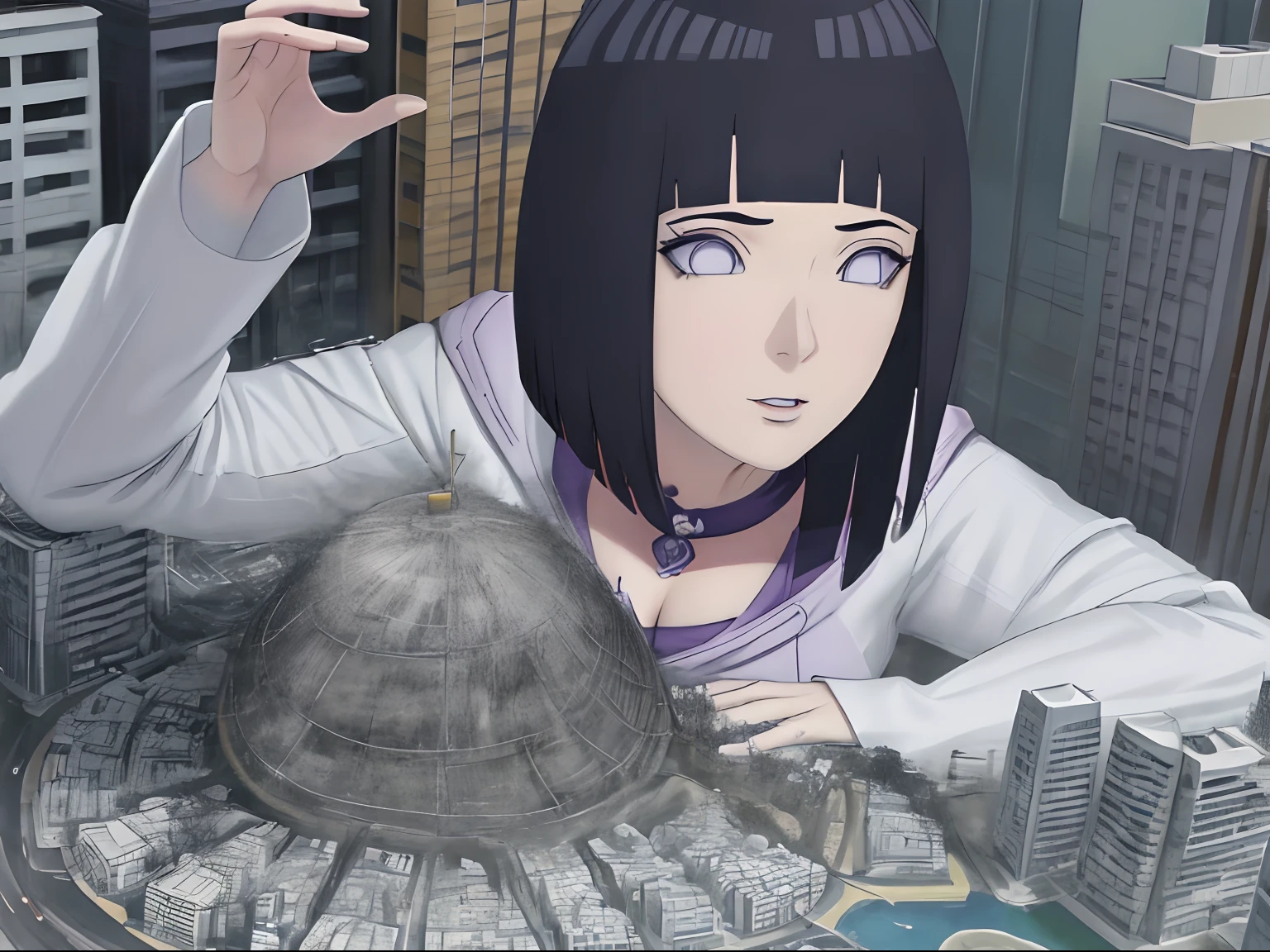 Masutepiece, La mejor calidad, colores vibrantes, ((Madre enorme)), ((Altura 30m:1.2)),Hinata Hyuga,Tallgts,Gigante,,Aspecto hermoso,maquillaje delicado,perfect ilumination,cinematic quality,8k,alta calidad,(GTScity:1.5),GTS,aerial view,Rampage,Escalonamiento, perfect composition, labios detallados, pecho grande, Cara hermosa, body propotion, sonrojarse, (labios rosados), Cabello largo, purple eyes, mirada suave, super-realistic, detallado, , Rostro y cuerpo realistas, escote,obra maestra, absurdos, Hinata \ (Boruto \), 1girl, solamente, hembra madura, Sudadera con capucha morada, mangas en capas, short pantalones marrones, , Perfect composition,, pecho grande, mirando hacia arriba,cleavage