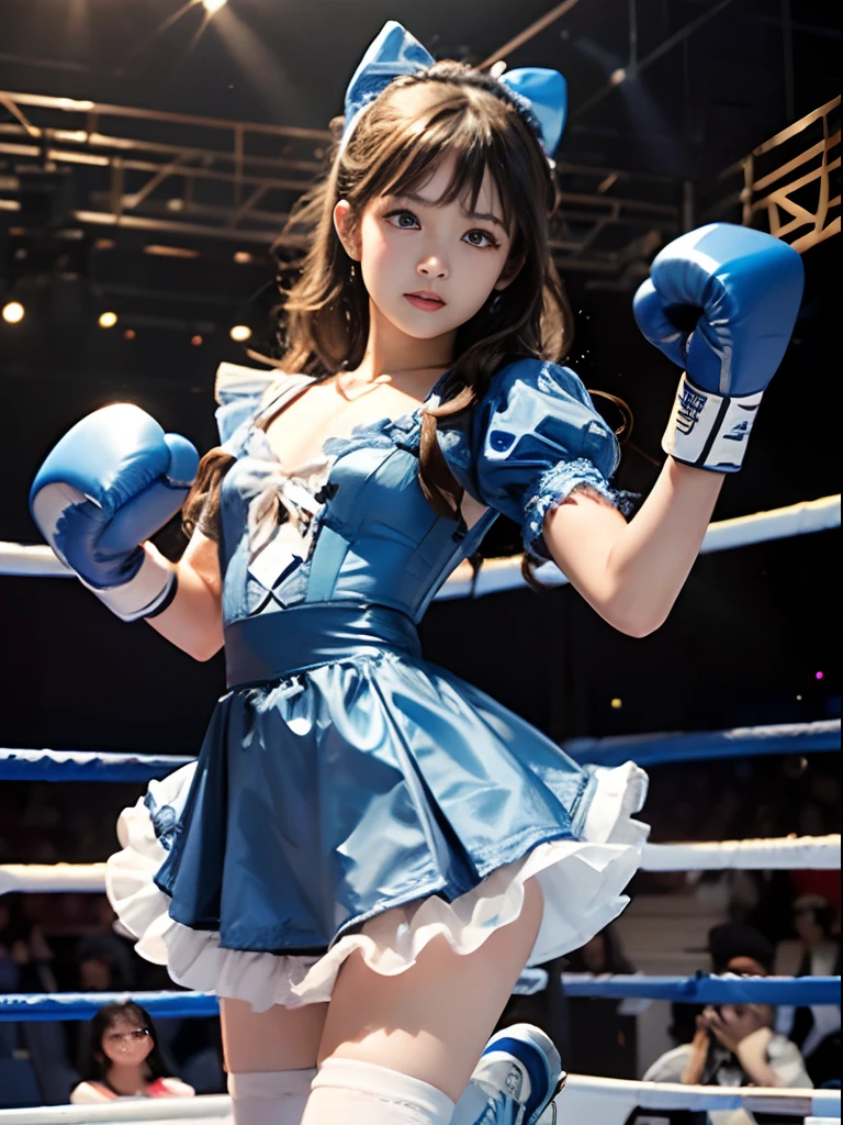 8K, Raw photo, Photorealistic, (Detailed skin, Best Quality:1.2), Teenage Japanese girl standing in professional wrestling ring, ((blue lolita dress, puff sleeves, Boxing gloves, Boxing shoes)), (((Small chest:1.1))), (Long wavy hair, short bangs), (neat face, Fairer skin), large crowd, fist pumping