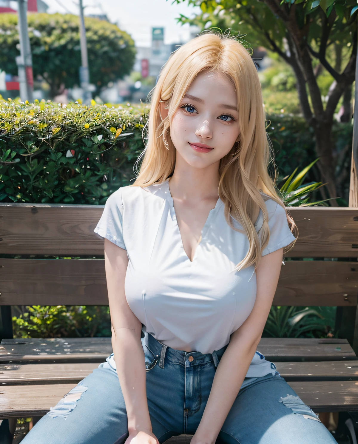 2girl, twins, Blue eyes, (smiling), (Sana Minatozaki), wide hips, Big Boobs, big ass, (Best Quality, 8k, Masterpiece: 1.3), perfect hands, Clear Focus: 1.2, Perfect Body Beauty: 1.4 , Slender Abs: 1.2, Highly detailed face and skin texture, detailed eyes, double eyelids, (blonde long hair), (low-cut blouse), (jeans), sitting on a bench, (with his twin sister :1.3), in a traditional neighborhood of Tokyo, deep on field