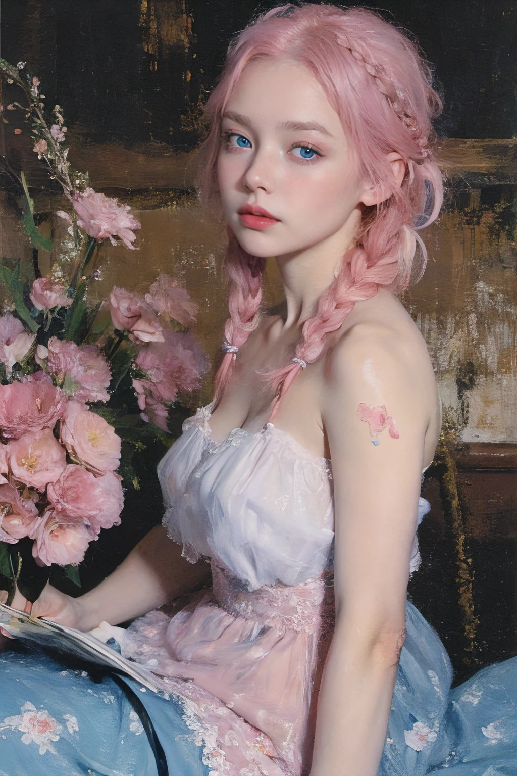 (oil painting:1.5),
\\
a woman with (single braid pink hair), ((blue eyes)) and Pink Carnation flowers in her hair is laying down in a field of Pink Carnation flowers, (amy sol:0.248), (stanley artgerm lau:0.106), (a detailed painting:0.353), (gothic art:0.106)