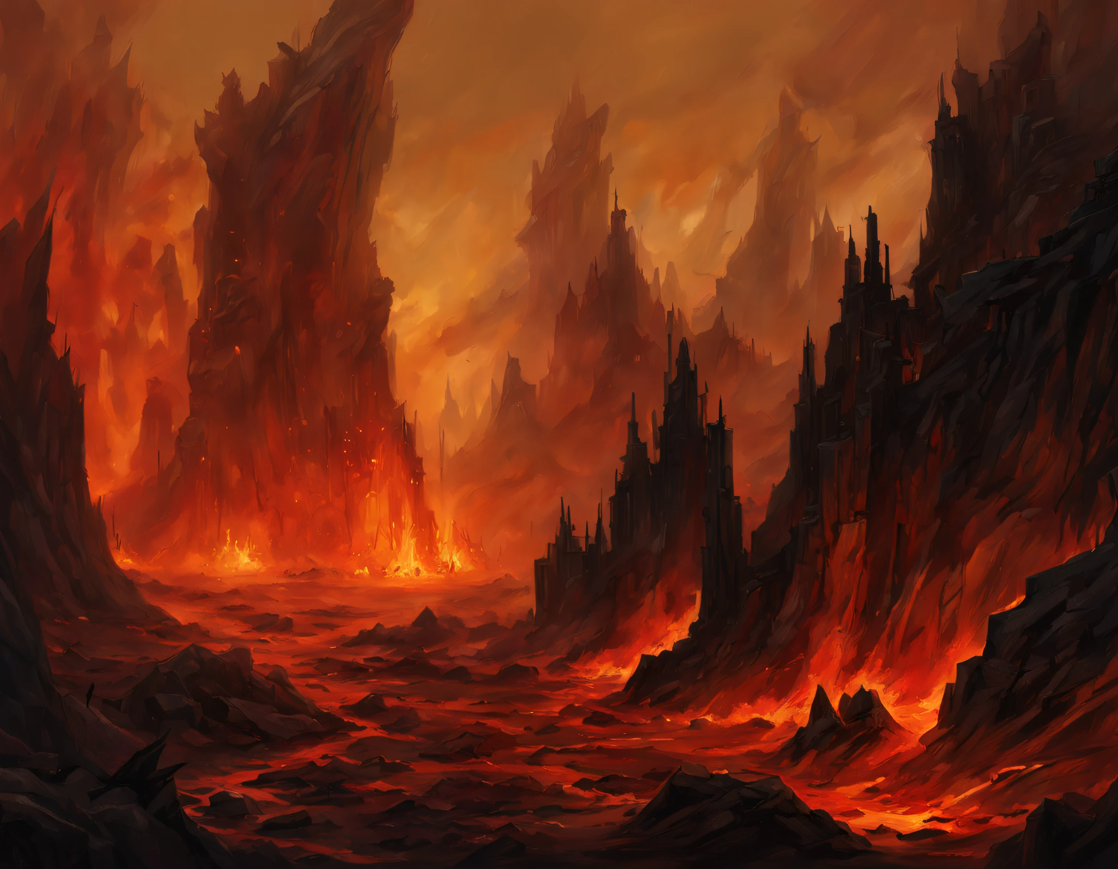 a terrifying landscape of the underworld, bathed in the fiery glow of Hades' inferno. The scene is filled with ominous shadows and billowing smoke, creating an atmosphere of darkness and despair. The landscape features jagged rock formations, towering cliffs, and chasms that seem to lead to the depths of the underworld. The air is thick with the scent of sulfur, adding to the eerie ambiance. The colors depict a hellish palette of reds, oranges, and blacks, intensifying the feeling of heat and danger. The lighting is dramatic, with ethereal flames flickering in the distance, casting eerie shadows on the landscape. The scene is rendered in high resolution, capturing the smallest details of the treacherous terrain and the menacing elements of the underworld. [inferno], [inframundo], [terrifying], [ominous shadows], [billowing smoke], [jagged rock formations], [towering cliffs], [chasms], [sulfur], [hellish palette], [dramatic lighting], [ethereal flames], (best quality,4k,8k,highres,masterpiece:1.2), [high resolution], [treacherous terrain], [menacing elements].