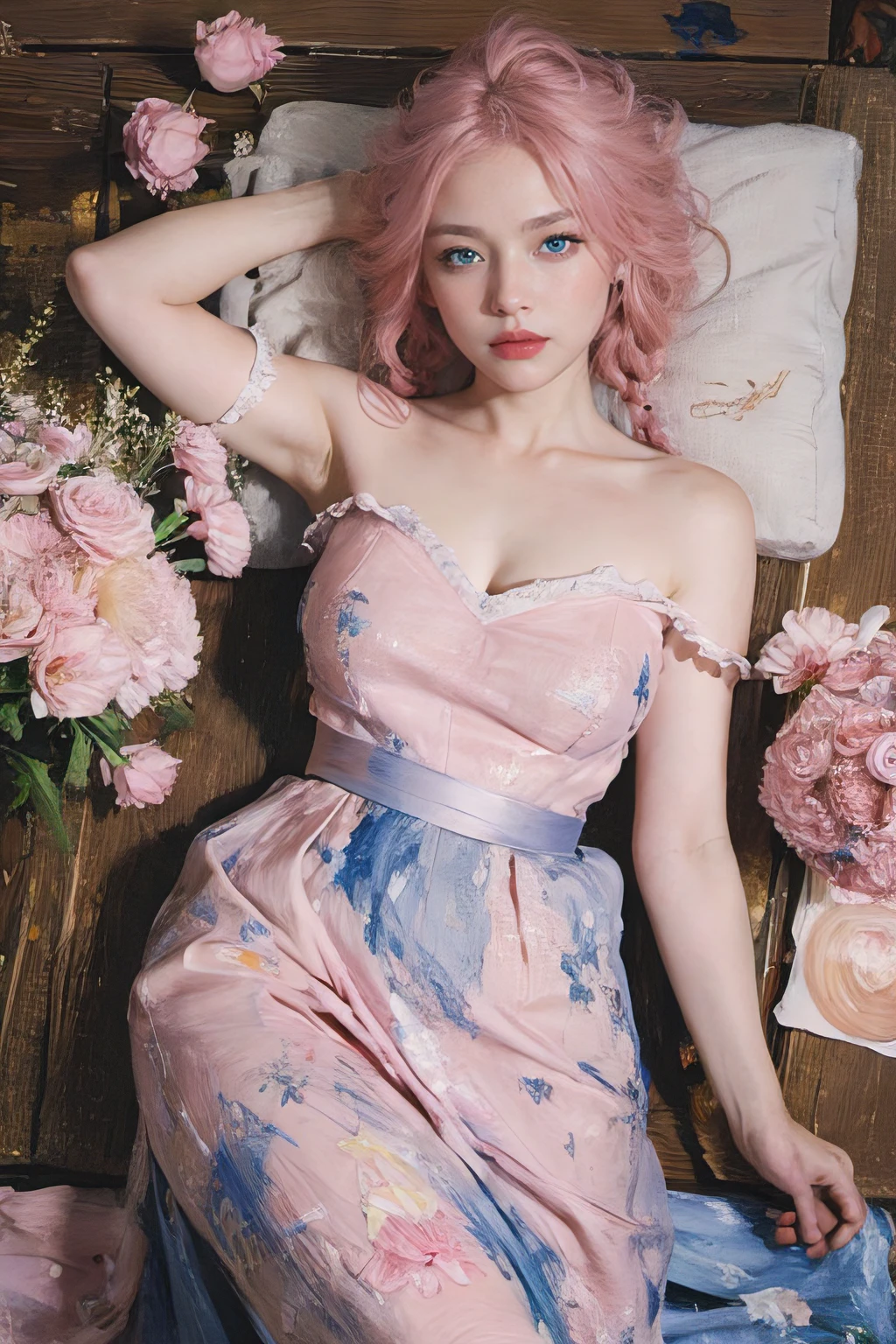 (oil painting:1.5),
\\
a woman with (single braid pink hair), ((blue eyes)) and Pink Carnation flowers in her hair is laying down in a field of Pink Carnation flowers, (amy sol:0.248), (stanley artgerm lau:0.106), (a detailed painting:0.353), (gothic art:0.106)