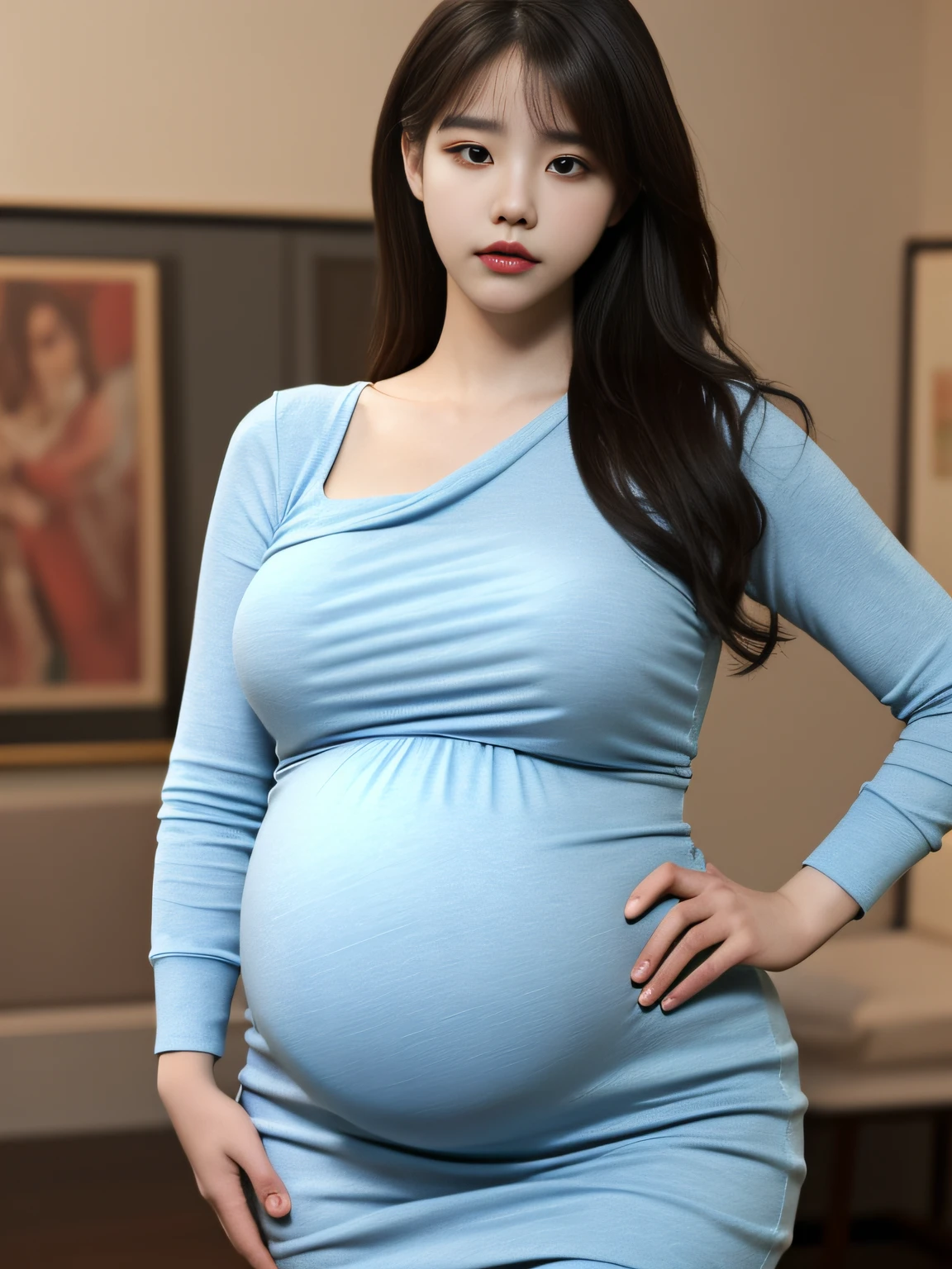 (Extremely detailed, In a cozy interior, IU, KPOP Artist, Slightly fat, plump, Big Saggy Breasts, Big Hips, pregnant, huge pregnant, big pregnant, 9 months, big belly, Refined face, sexy for, Wearing a glamour crewneck dress, Tight jumpdress, Slip dress, k hd, Full body Shot Shot, photorealistic perfect body, very realistic)