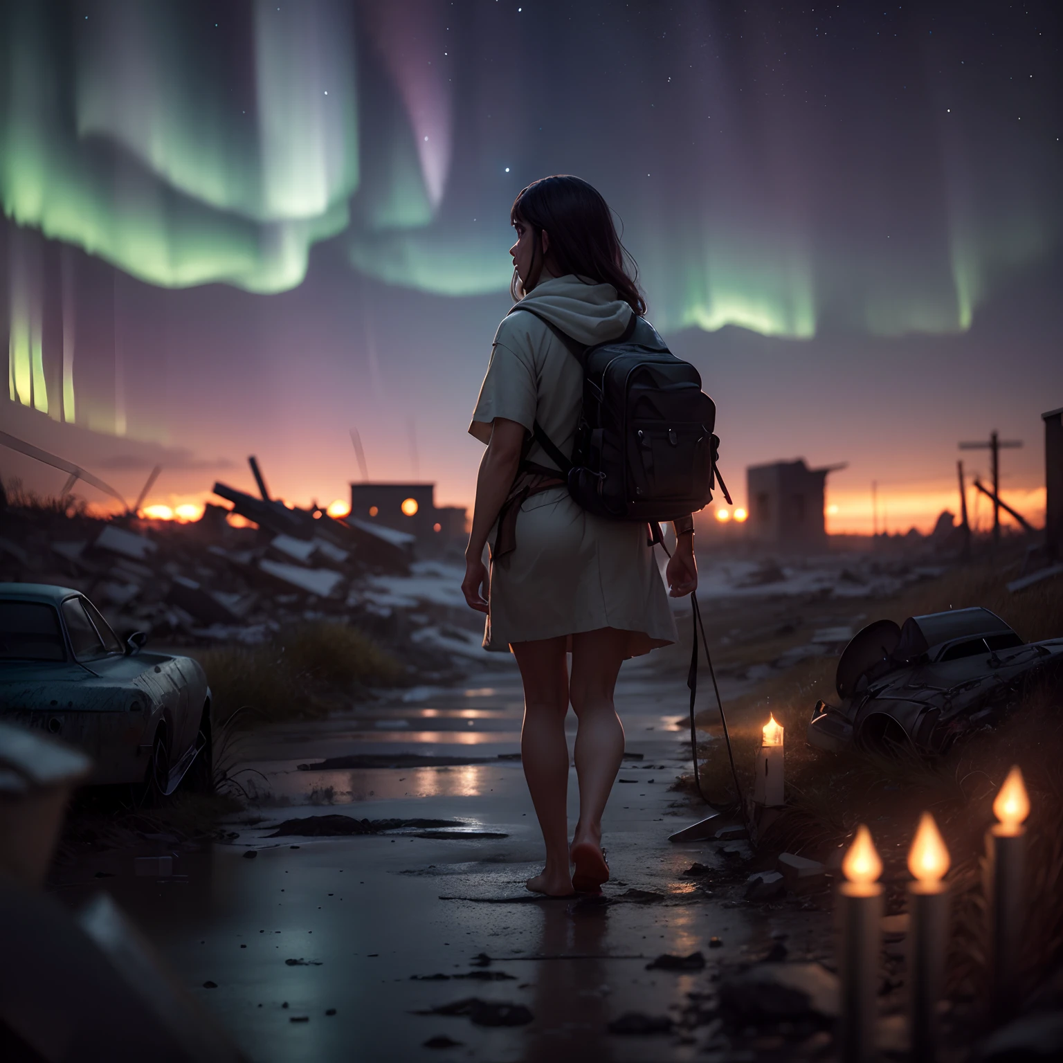best quality, ultra-detailed, (photorealistic), 
an extremely delicate and beautiful, 
A castaway walks through a ruined town under the night sky where the aurora shines, 
depth of field, film grain, professional lighting, 
photon mapping, radiosity, physically-based rendering, --auto