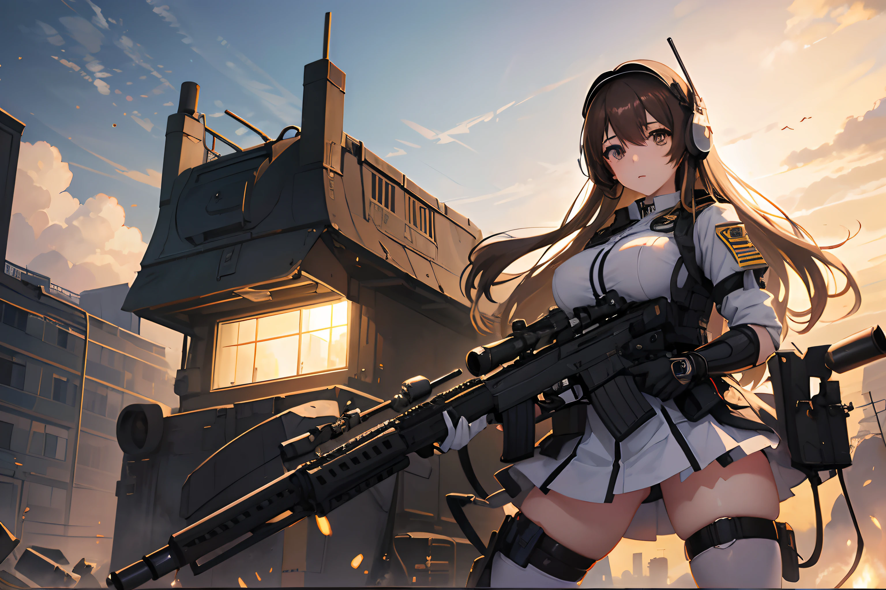 Anime girl, White sparkling eyes, Long brown hair, big breast, showing thighs, ((military helmet,)) Night vision goggles, Headset with microphone, tactical vest, mitts, Mini skirt, Tall stockings, kneehigh boots, Hold the rifle or aim the sniper rifle, (Best quality, 4K, A high resolution, Masterpiece:1.2) Ultra-detailed, (Realistic, Photorealistic:1.37), sportrait, Vibrant colors, Atmospheric lighting.
