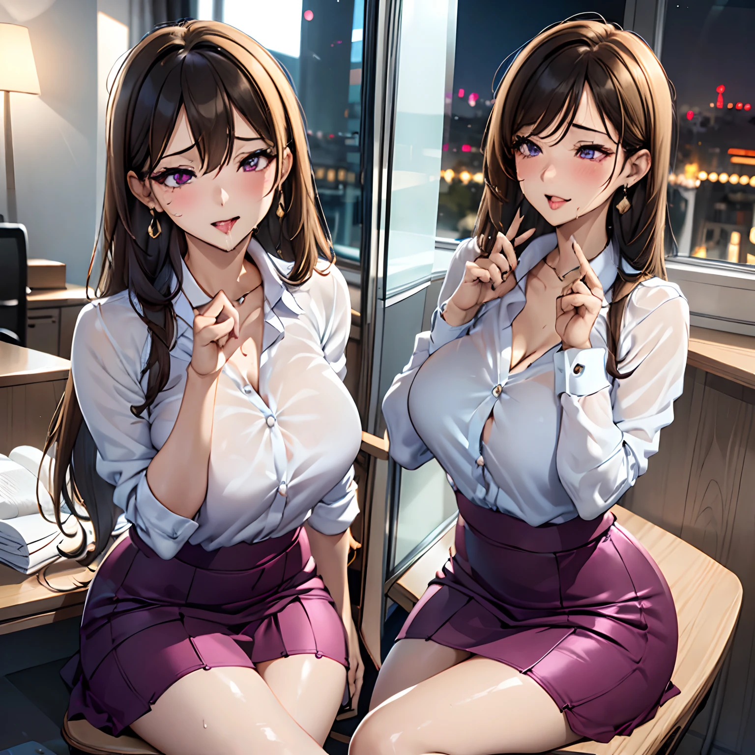 (masutepiece, Best Quality),NSFW,
1girl in, Sitting, Looking Up, (Close-up Face:1.1),
Break Girl, Female President、A MILF, Business Girl、In the office、Tears, blush, embarrassed, (Open mouth:1.1), (Saliva:1.2), (saliva trail:1.4), (Closed eyes:1.1), Tongue out, (long tongue:1.1), (cum on tongue:0.9), Heavy breathing, (masutepiece, Best Quality, High quality:1.4), (Curve:1.1), Sit cross-legged at a desk, Office, (Full body shot:1.1),
Long hair, lip stick, makeup, Ultra Detail Hair, ultra detail face, (Purple eyes:1.05), Perfect eyes, Perfect face, earrings, (Confused, blush:1.2), (garterbelts:1.1), pencil skirts, Office Uniform, high-heels,
(Large breasts:1.1), cleavage, Big ass, thighs thighs thighs thighs,
Break the floor in the background