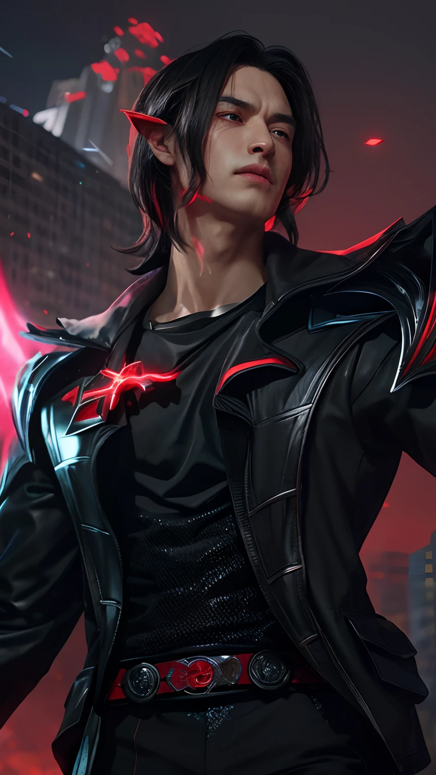 Ultra HD, detailed face, calm, 1 man , gentleman , assasin, , black-red shirt, neon sparkle