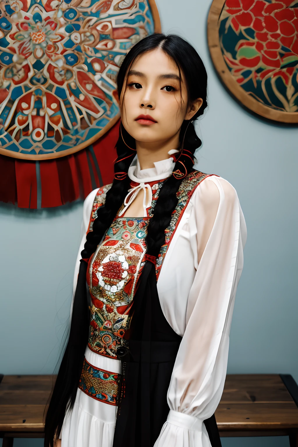 girl02, photographed on a Nikon Z7 II Mirrorless Camera,120mm F/4 wide-angle
girl02, 1girl, solo, long hair, looking at viewer, black hair, long sleeves, braid
a woman wearing a white dress and a black braid with a blue and red pattern on it's neck, Chen Lu, art nouveau fashion embroidered, a character portrait, aestheticism
a woman wearing a black top and red scarf with a red and white design on it's neck, Chen Jiru, art nouveau fashion embroidered, a silk screen, cloisonnism
best quality, masterpiece, ultra detailed, cowboy shot, flowing, 3dmm, ink sketch, color ink, ink rendering, octane render, pastels, rice paper, 1girl, beautiful detailed eyes, (alternate hairstyle), ultra detailed hair, graceful, (charming), (delicate), pretty, cute, lace dress, character in the center of the frame, rhythm, fantasy, looking at viewer,