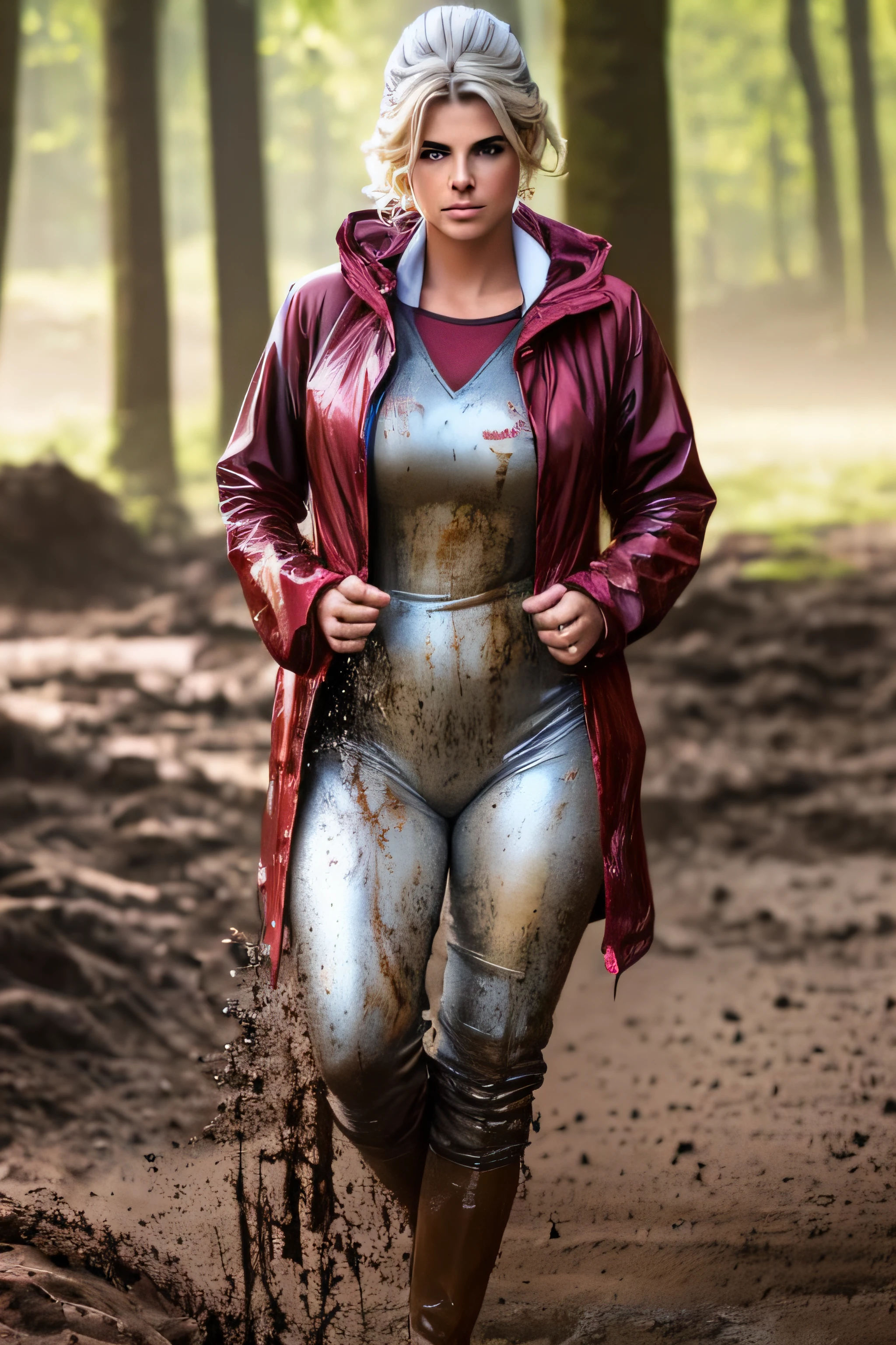 Hyperrealistisches Foto von einer kurzhaarigen schwarzhaarigen Frau, eine Hand im Schritt, braces, Slip an den Beinen herunter gerutscht, muddy buttocks, the woman is wearing a white transparent rain jacket, die Regenjacke ist mit Schlammspritzern verschmutzt, Stringslip, hold-up stockings red soiled with mud splashes, Gotisch, kurzhaarfrisur 80er Jahre Dauerwelle, Lucy Boynton, Cup size C, 80er Jahre Frisur, pink Suspenders next to the breasts, 30 Jahre alt, The free small breasts are smeared with mud, small boobs, Mud runs all over her body, Halskette, das Gesicht ist mit Schlammspritzern verschmutzt, kurze Haare sind hochtoupiert, Haare sind mit Schlamm verschmiertg, die beiden Frauen sind mit Schlamm verschmiert, High Heel Sandaletten mit Schlamm beschmiert, die High heel Sandaletten schauen aus dem Schlamm, High quality, realistische Beleuchtung, Bildmitte, Sanduhrproportionen, 8K, HDR, small boobs, lange Beine, professionelle Fotografie einer Frau, natural skin texture smeared with a lot of mud, 4K-Texturen, Adobe Lightroom, Fotolabor, HDR, kompliziert, elegant, sehr detailliert, scharfer Fokus, wahnsinnige Details, komplizierte Details, hyperdetailliert, Helles Kinolicht, Außenatmosphäre, Kinn hochgezogen, Mund halboffen,