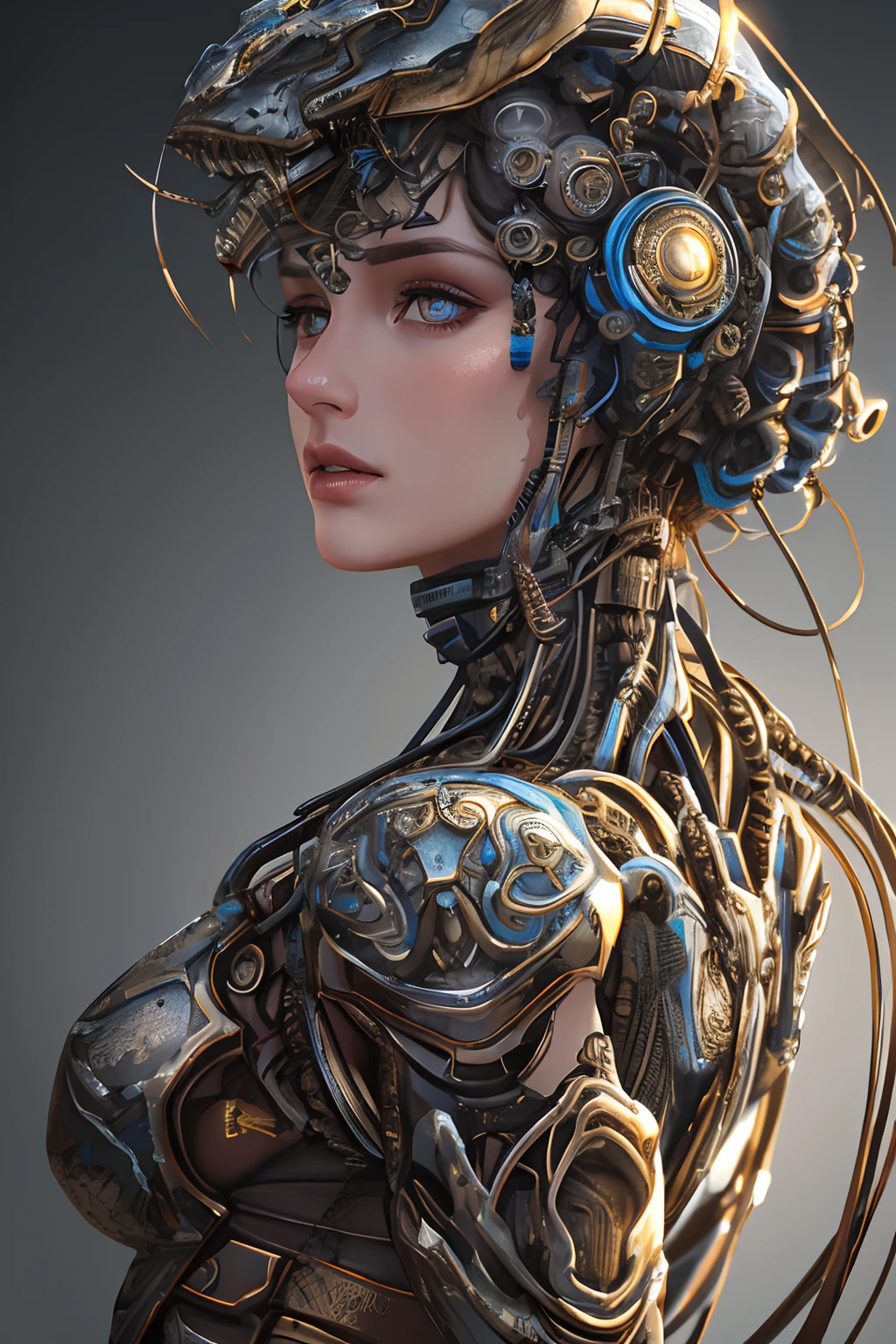 1mechanical girl,((ultra realistic details)), portrait, global illumination, shadows, octane render, 8k, ultra sharp,metal,intricate, ornaments detailed, cold colors, egypician detail, highly intricate details, realistic light, trending on cgsociety, glowing eyes, facing camera, neon details, machanical limbs,blood vessels connected to tubes,mechanical vertebra attaching to back,mechanical cervial attaching to neck,sitting,wires and cables connecting to head