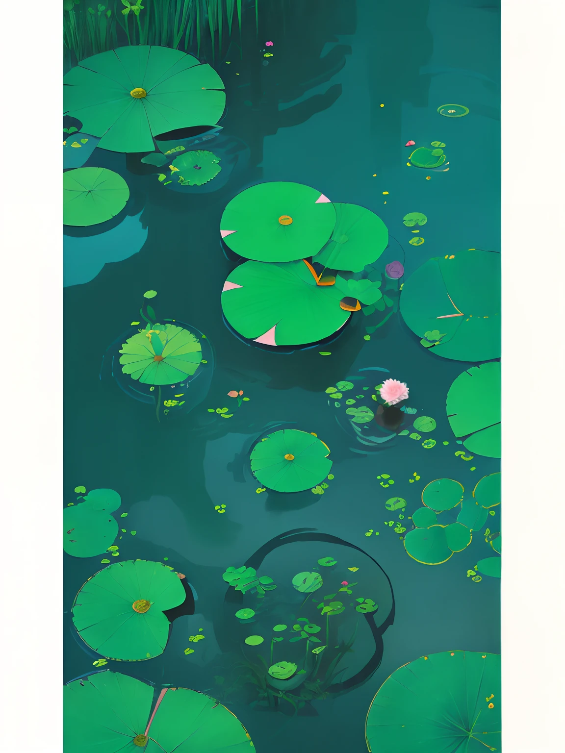 lotuses，ponds，frogs，The fish，illustration，scenecy，poster for，gracefulness