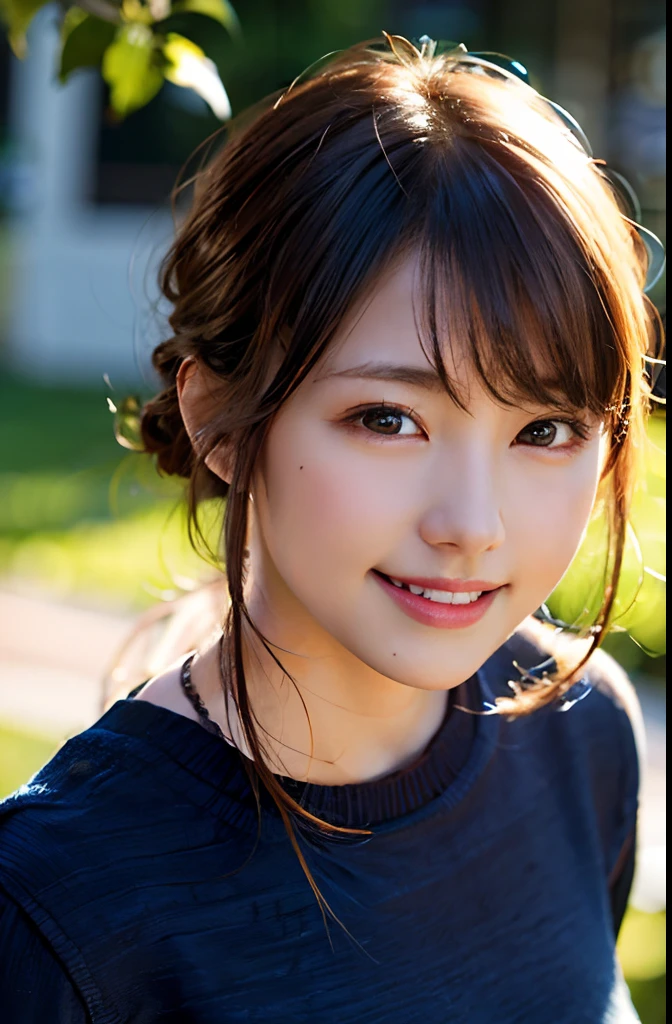 (8k, RAW photo, best quality, masterpiece:1.2), (realistic, photo-realistic:1.37), ultra-detailed, ultra high res,1 girl,looking at viewer,beautiful detailed face,smile,narrow,(slim waist:1.3),shirt, beautiful detailed skin, skin texture, floating hair,professional lighting,