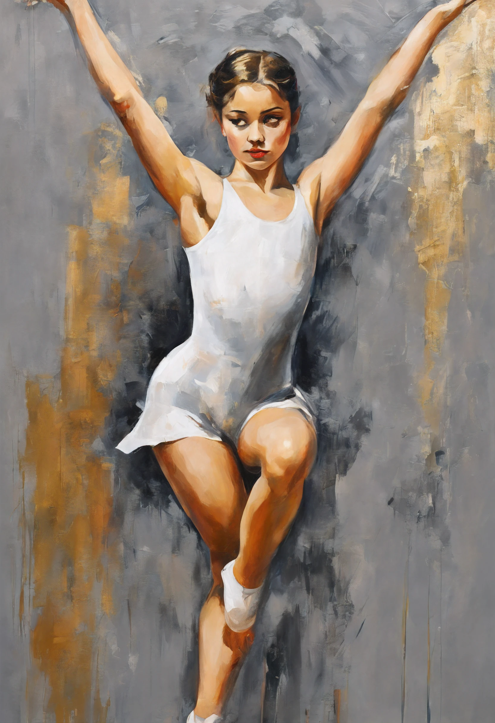 Abstract artistic background. Vintage illustration, (beautiful Romanian girl wearing a gymnastics collant 1.5 +++), figures, golden brushstrokes. Textured background. Oil on canvas. modern Art. grey, wallpaper, poster, card, mural, print, wall art --ar 1:3